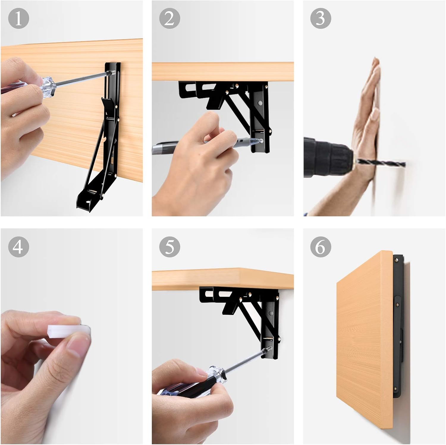 Beinhome Folding Console Heavy Duty 2 Pieces 200 Mm Shelf Brackets Foldable Black Folding Shelf Brackets Table Folding Hinge Load Capacity 50 Kg / 110 Lb for Table Tops Folding Table Wall Table Space image number 6