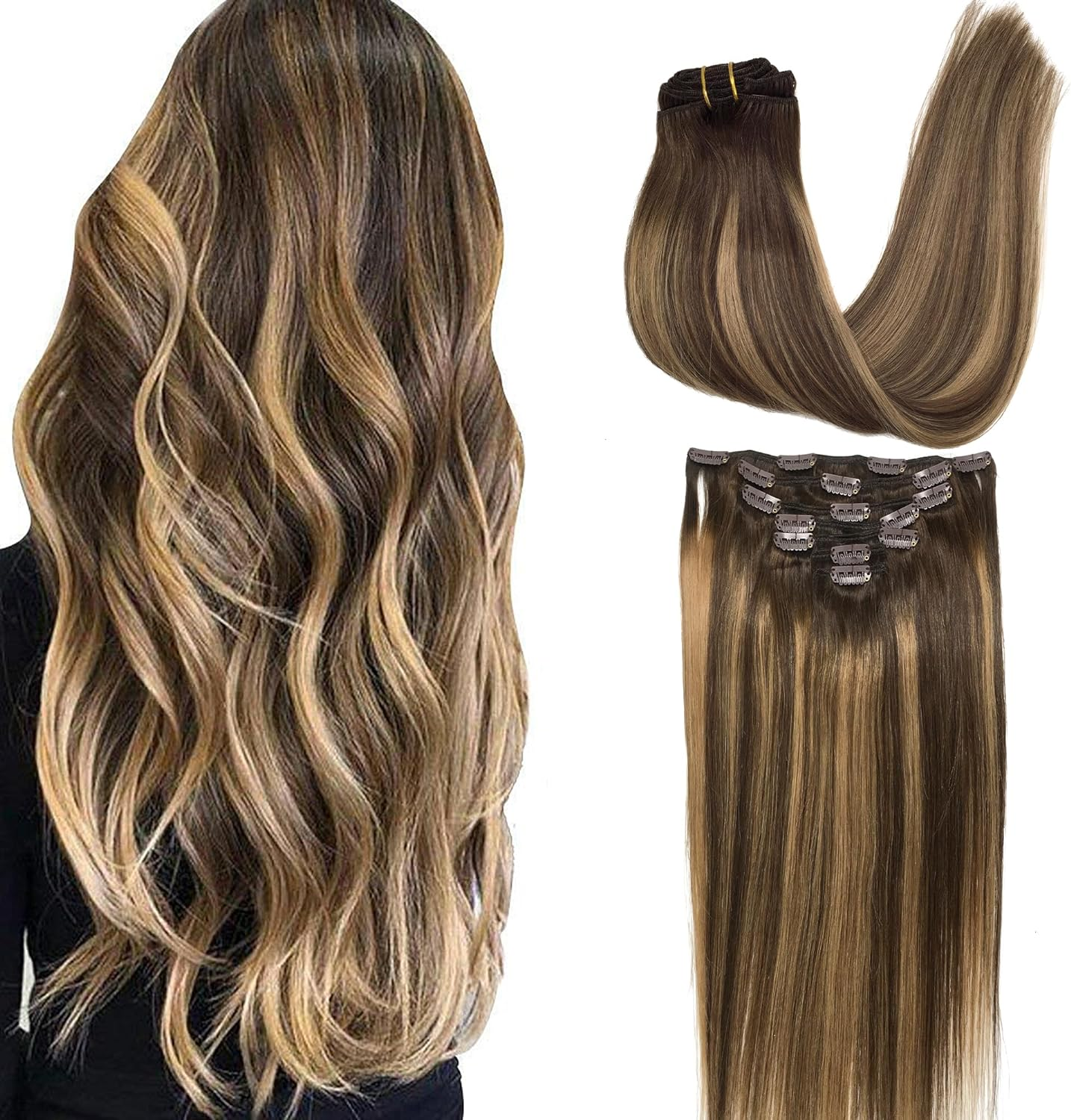GOO GOO Clip in Hair Extensions Real Human Hair, Hair Extensions Clip for Women, Natural Human Hair, 16Inch 120G 7Pcs, 4/27/4 Balayage Chocolate Brown to Caramel Blonde image number 3