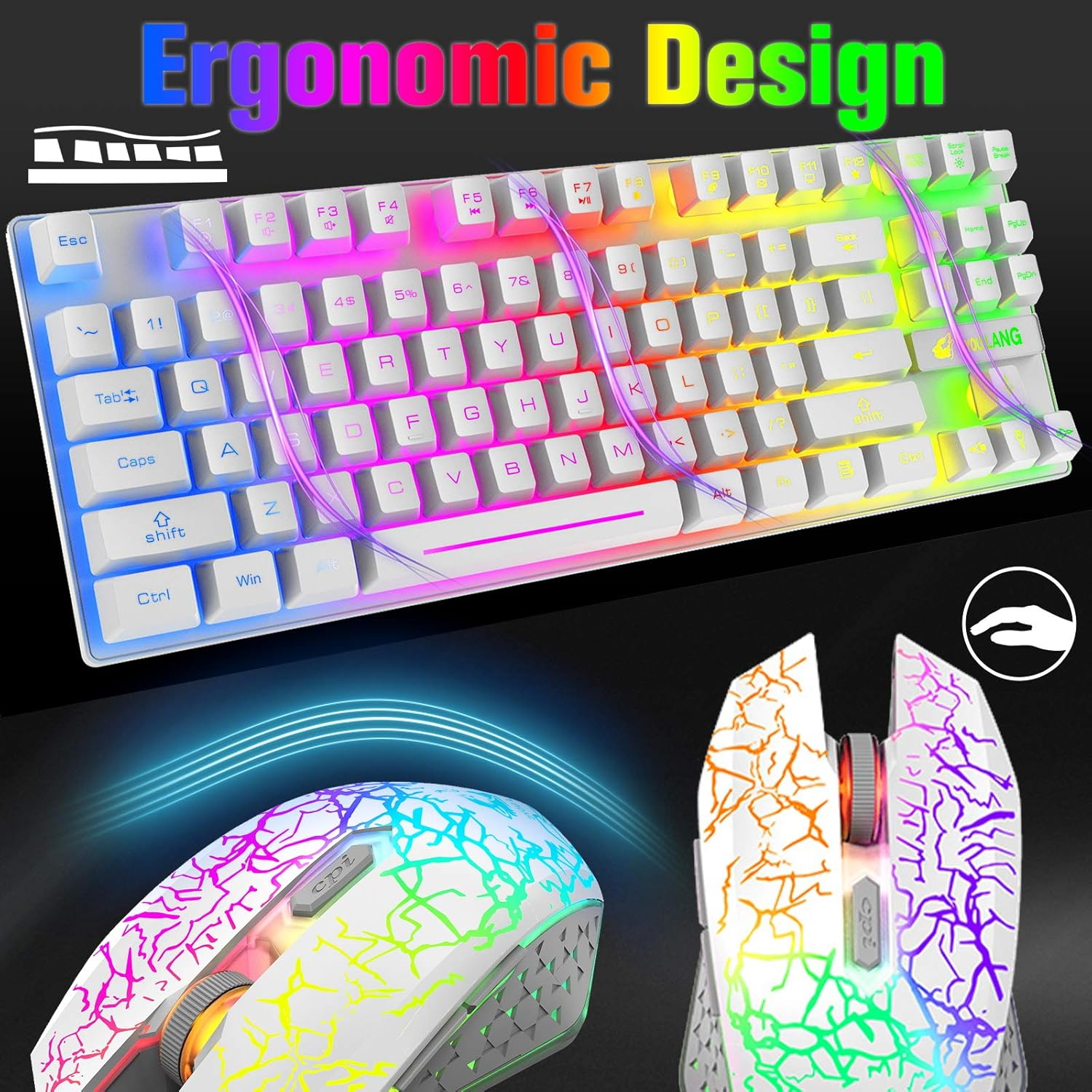 Lexonelec Wireless RGB Backlit Gaming Keyboard Mouse Combo,Rechargeable 3800Mah Battery, 87-Key Mechanical Feel Keyboard, Quiet Mouse and Mouse Pad for Gamers and Office Typists(White) image number 3