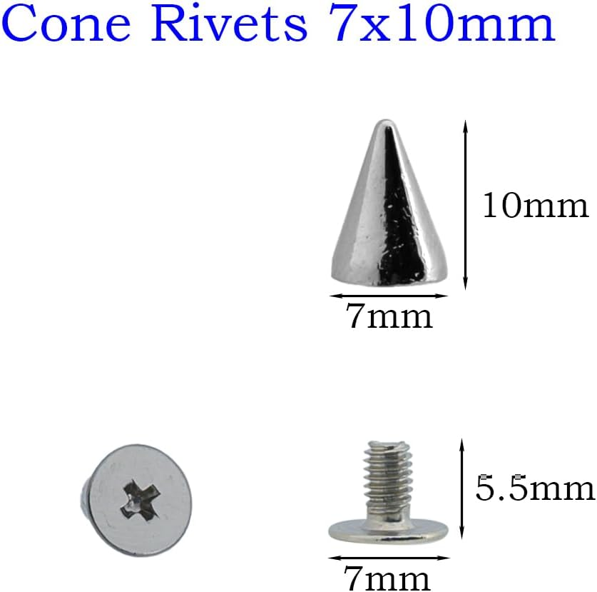 Megoto 100 Sets Cone Spikes Screwback Studs Rivets Metal Spikes Studs for Punk Style Clothing Bullet Shoes Bags Dog Collars Accessories DIY Craft Decoration (Cone 7X10Mm) image number 1
