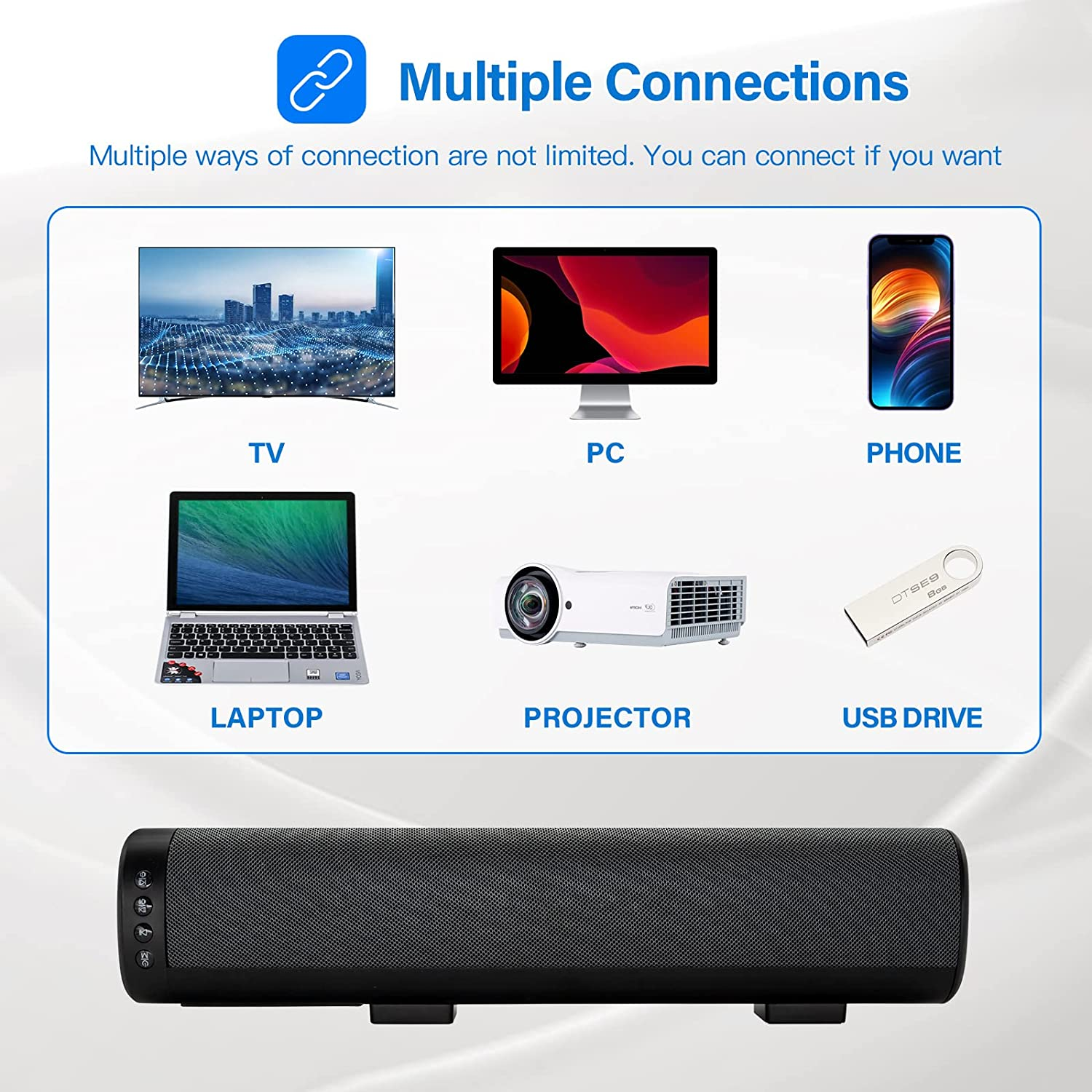 Mini Sound Bar for TV, 16 Inch Bluetooth Speakers, 50W Home Audio Speaker with Bass & Surround Sound with Subwoofer PC Desktop Soundbar and Speaker Bar with Aux/Hdmi/Optical/Usb-Wall Mountable-3Eqs image number 6