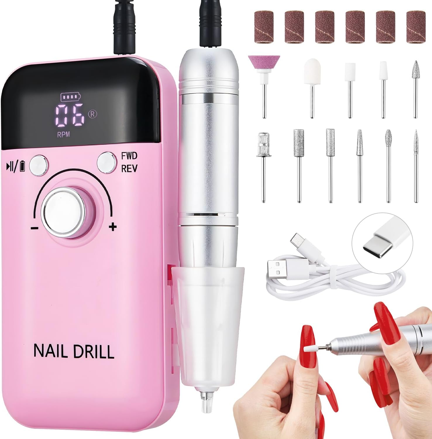 AUTOWT Portable Electric Nail Drill Professional with LED Display, Rechargeable 45000RPM Electric Nail File with 11 Nail Drill Bits, Low Noise, Low Vibration for Manicure Pedicure Salon Home (Pink) image number 5