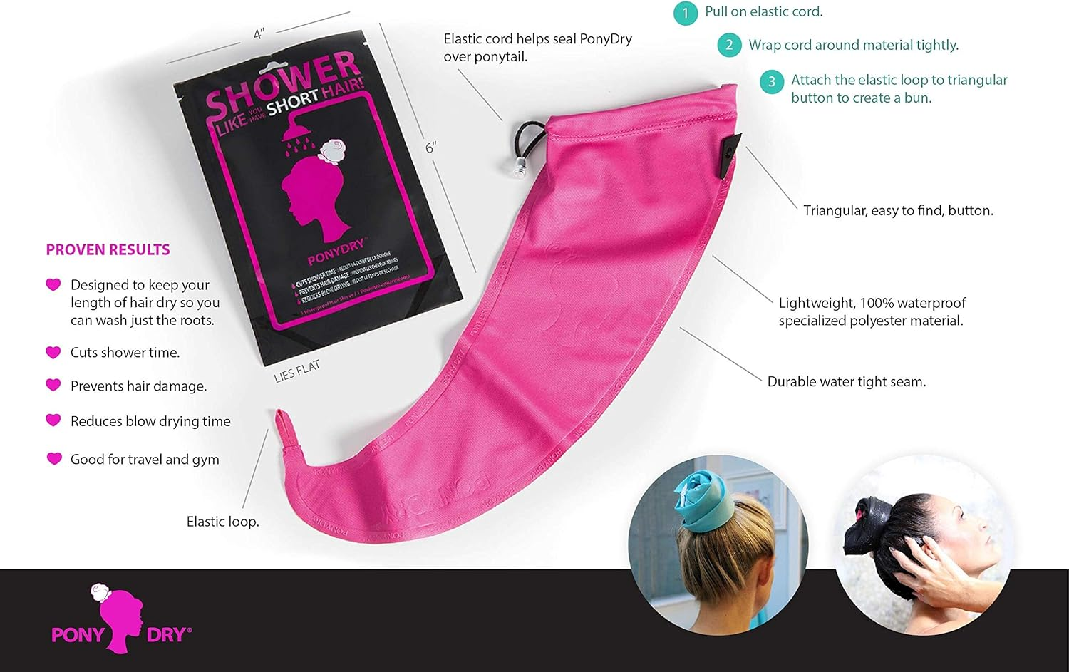 PONYDRY WATERPROOF HAIR SLEEVE in BLACK - Wash Just the Roots of Your Hair While Keeping Your Lengths Dry. Perfect for the Shower, Gym, Pool and Beach