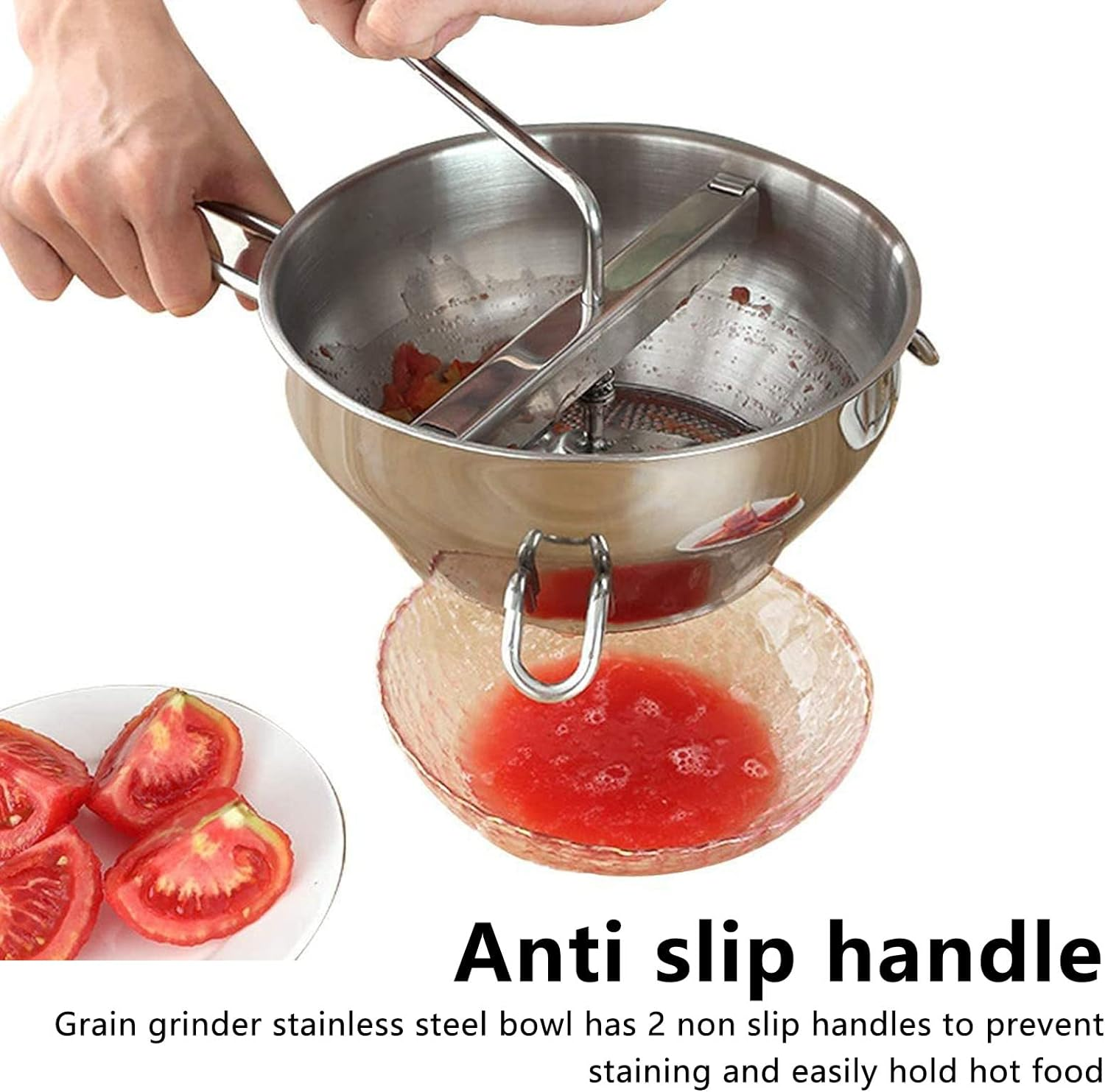 Stainless Steel Food Masher, Easy Cleanup 2 Quart Manual Baby Food Mill for Making Puree and Soups with 3 Interchangeable Discs for Straining Fruits and Vegetables