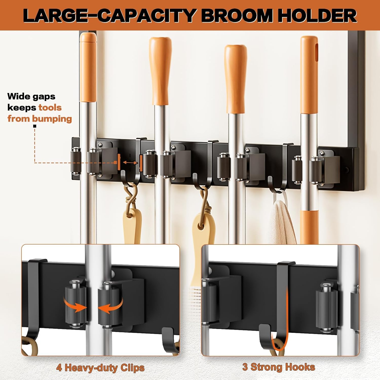 Broom Holder Wall Mount with Cleaning Supplies Organizer, Laundry Room Organization and Storage Shelves, Mop Hanger Broom Rack with Hooks, Home Improvement Kitchen Shelf Garage Organizer