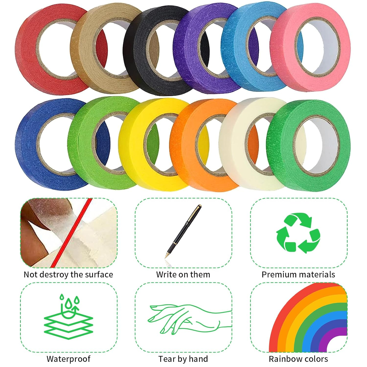 Painters Tape Colored Masking Tape, Art Supplies Wide Rainbow Color 12 Different Color Rolls 1.5Cm X 14.6M, Art Craft for Kids, Classroom, Office