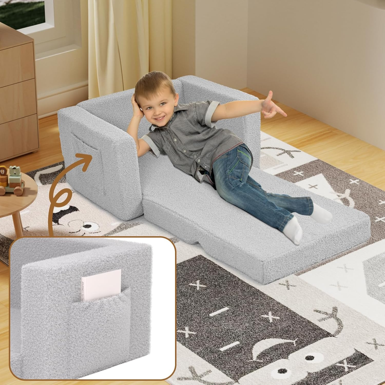FAYDUDU Kids Sofa, 2-In-1 Fold Out Soft Toddler Couch, Kids Sofa Bed with Washable Covers, Toddler Chair with Side Pocket Suitable for Playroom and Bedroom, Baby Sofa for Boys and Girls (Gray, S)