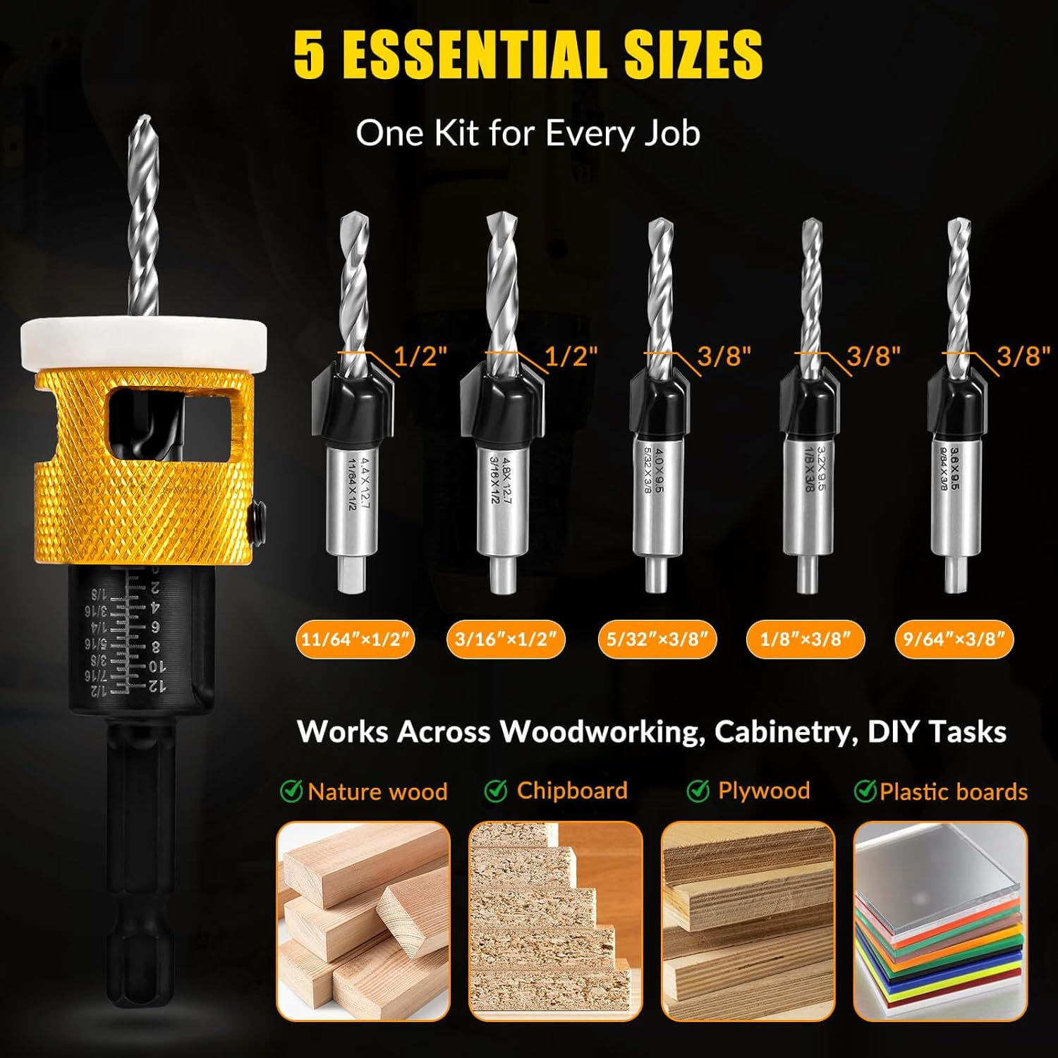 5PCS Countersink Drill Bit Set, Low Friction Depth Stop, 1/8 9/64" 5/32" Drill + 3/8&rdquo; 82&deg; Counter-Bore, 11/64" 3/16" Drill + 1/2" 82&deg; Counter-Bore, 1/4" Hex Shank, for Woodworking, with Storage Box image number 4