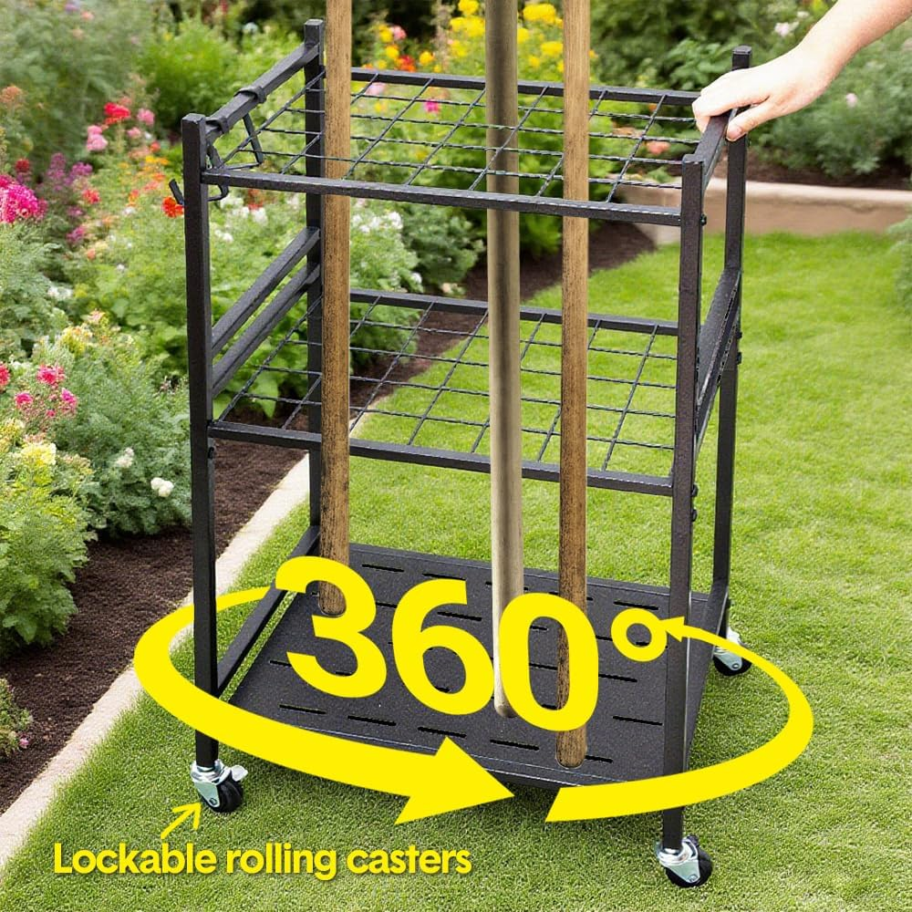 ALSTON Garden Tool Organizer Heavy-Duty Rolling Tool Tower Rack with Wheels and 4 Hooks Metal Shelf Storing Shovels Rakes Brooms Tools for Yard Garage Workshop image number 5