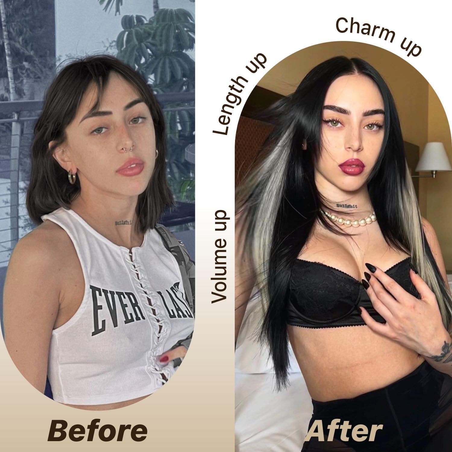 Black Blond Skunk Stripe Wear and Go Glueless Wigs Pre Plucked Pre Cut for Beginners Synthetic Lace Front Wigs with Bangs Long Straight Layered Wigs Highlights 26 Inch 3 Seconds to Wear - Black Blonde image number 3