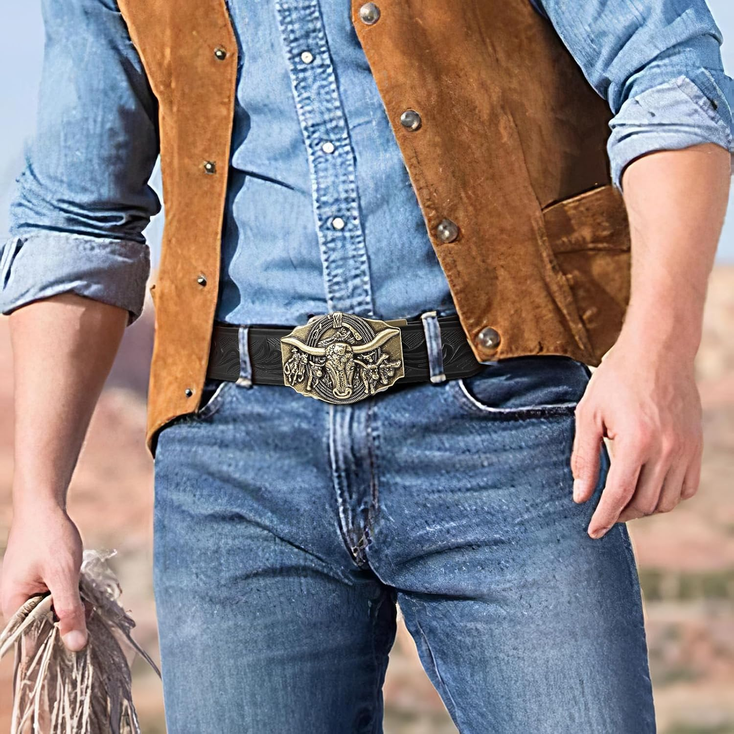SANSTHS Ratchet Cowboy Belt, Western Ratchet Belts for Men Ratchet Western Belt with Automatic Cowboy Buckle image number 4