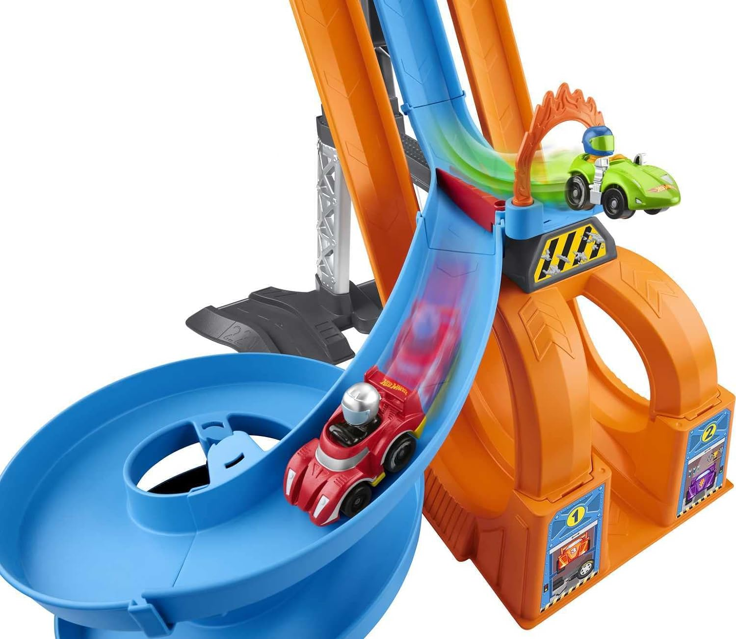 Fisher-Price Little People Toddler Playset, Hot Wheels Racing Loops Tower, Spiral Racetrack with Stunt Ramp and Sounds image number 4