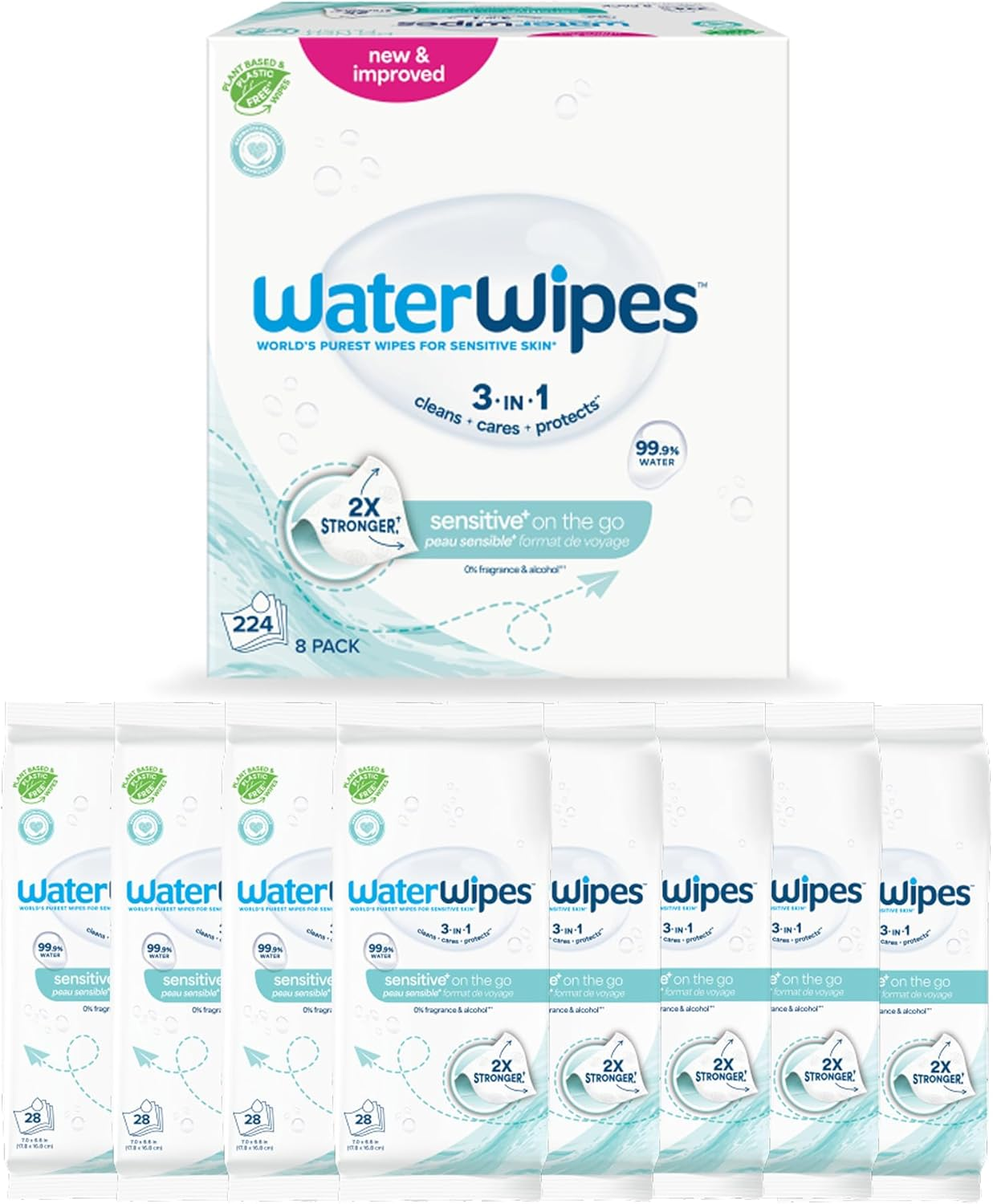 Waterwipes on the Go Wipes, 99.9% Water-Based Wipes for Travel, Sports, and to Refresh Skin, Unscented & Hypoallergenic, 224 Count (8 Packs) image number 1