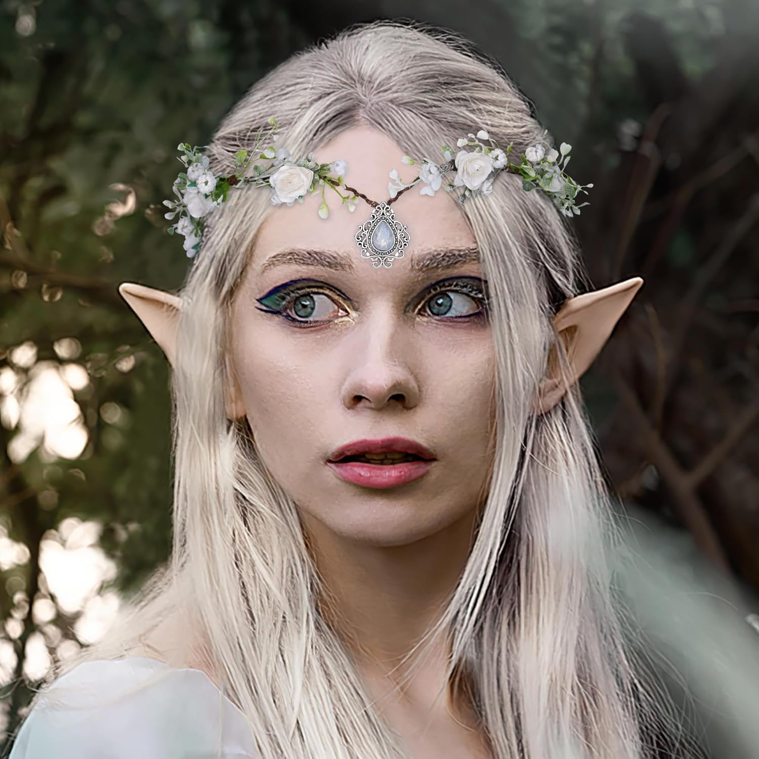 MOSTORY Elf Flower Fairy Crown - White Flowers Fairy Crown with Rhinestones for Women Cosplay Renfaire Accessories image number 5