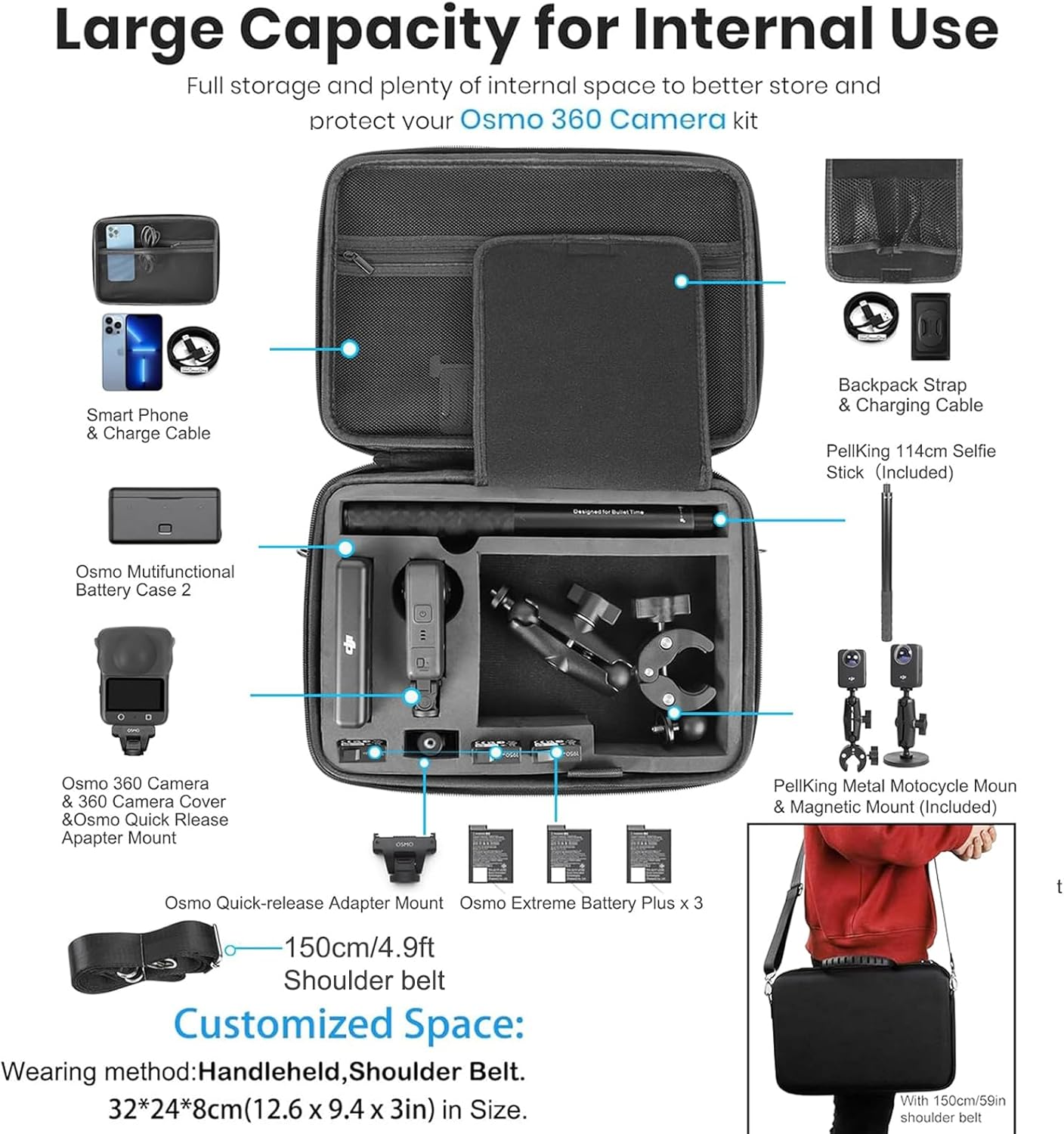Pellking Accessories Kit for DJI Osmo 360,Included Carrying Case with Belt,2 Pcs Metal 1/4" Adapter,Handlebar Clamp,Magnetic Mount,43In Selfie Stick,Chest Strap,Head Strap,Backpack Mount,And Others image number 6