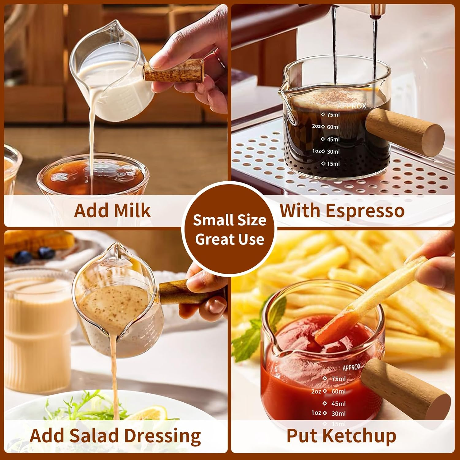 YARRAMATE Espresso Shot Cup with Wood Handle, Clear Glass Accessories, Measuring Cup with Dual Scale, Single Spout Shot Glass, 3.4Oz/100 ML