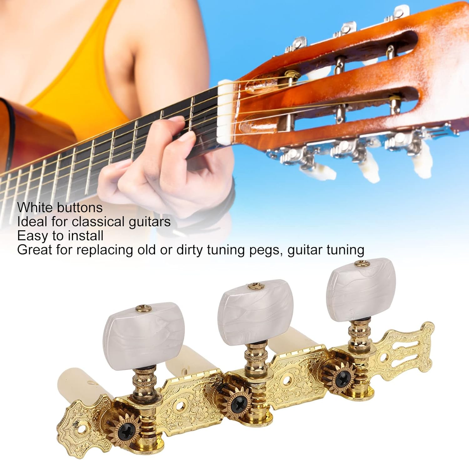 Tuning Pegs Keys, 2Pcs Classical Guitar String Machine Heads Easy to Install Metal Tuners Set Guitar Tuners Machine Heads with White Pearl Buttons for Classical Guitar