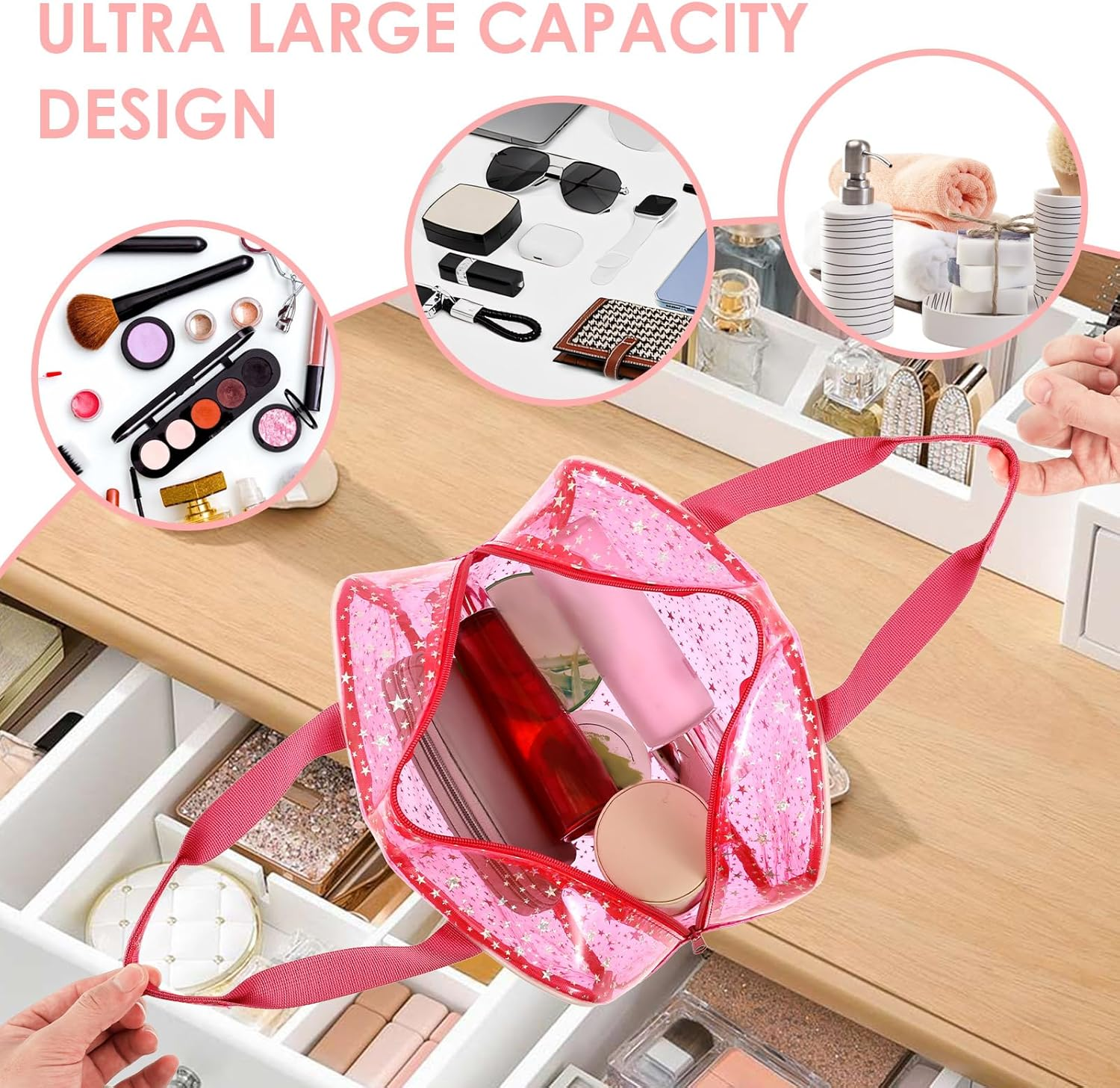 Rdjeokf 2 Pcs Clear Toiletry Bag, PVC Clear Makeup Bag with Handles, Portable Waterproof Travel Makeup Cosmetic Organizer, Carry on Airport Airline Compliantbag for Traveling Men Women