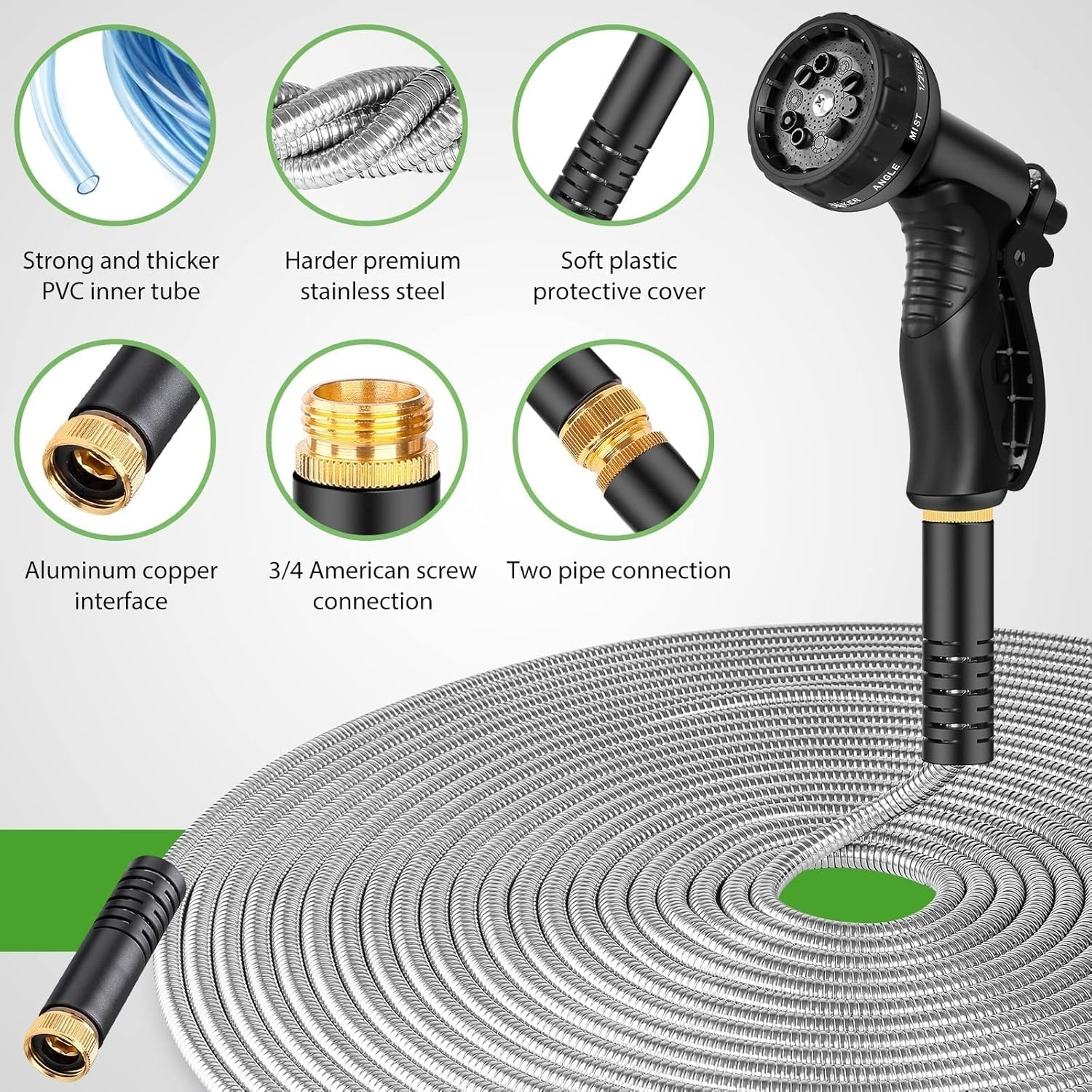 Garden Hose Metal 100FT, Stainless Steel Heavy Duty Water Hose with 10 Function Nozzle, No-Kink, Tough & Flexible, Sturdy and Lightweight, Rust Proof for Yard, Outdoor, RV image number 5