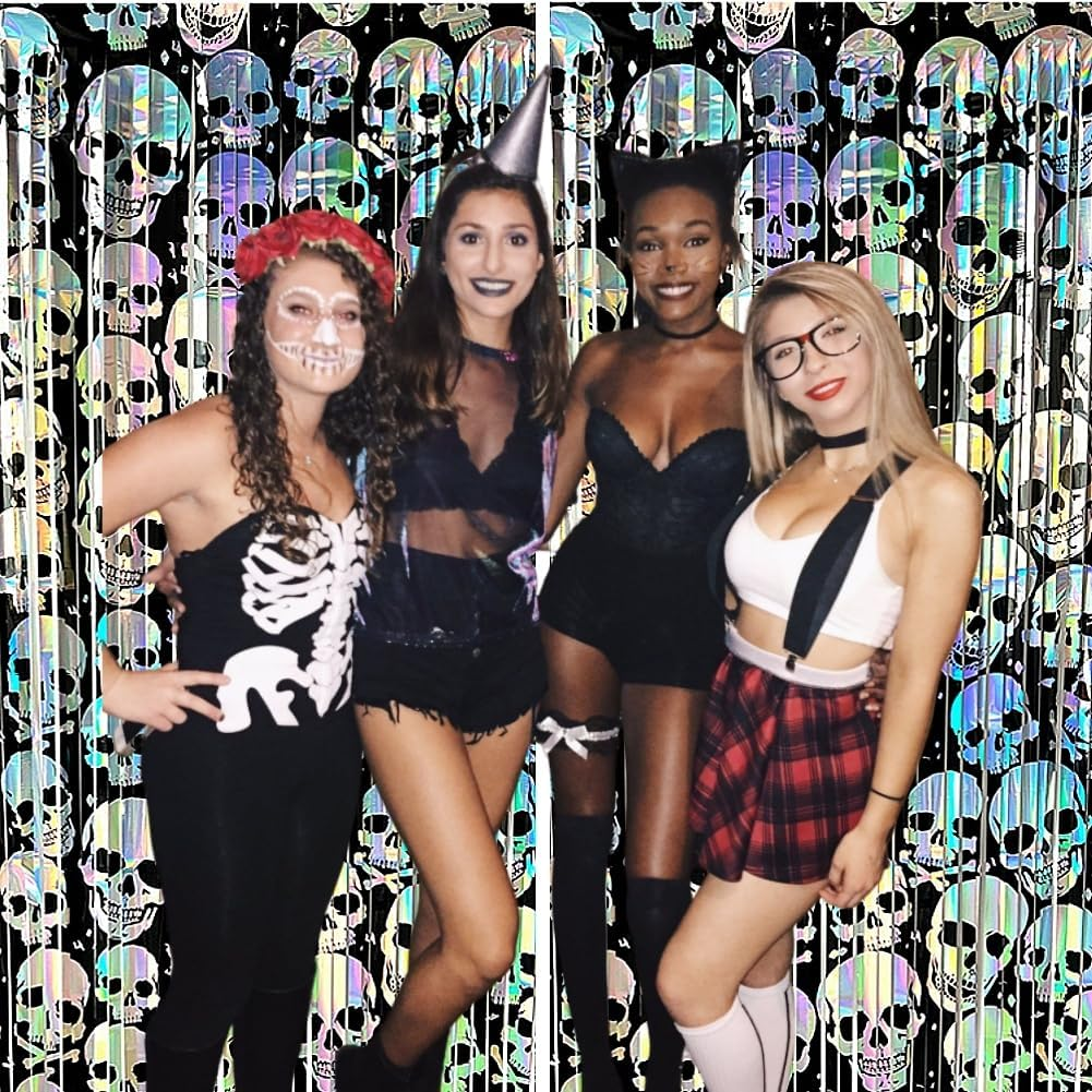 2 Pack 6.6Ft Halloween Foil Fringe Curtain, Holographic Skull Metallic Tinsel Streamer Spooky Party Photo Booth Props Backdrop for Wall Door Indoor Outdoor Decoration image number 2