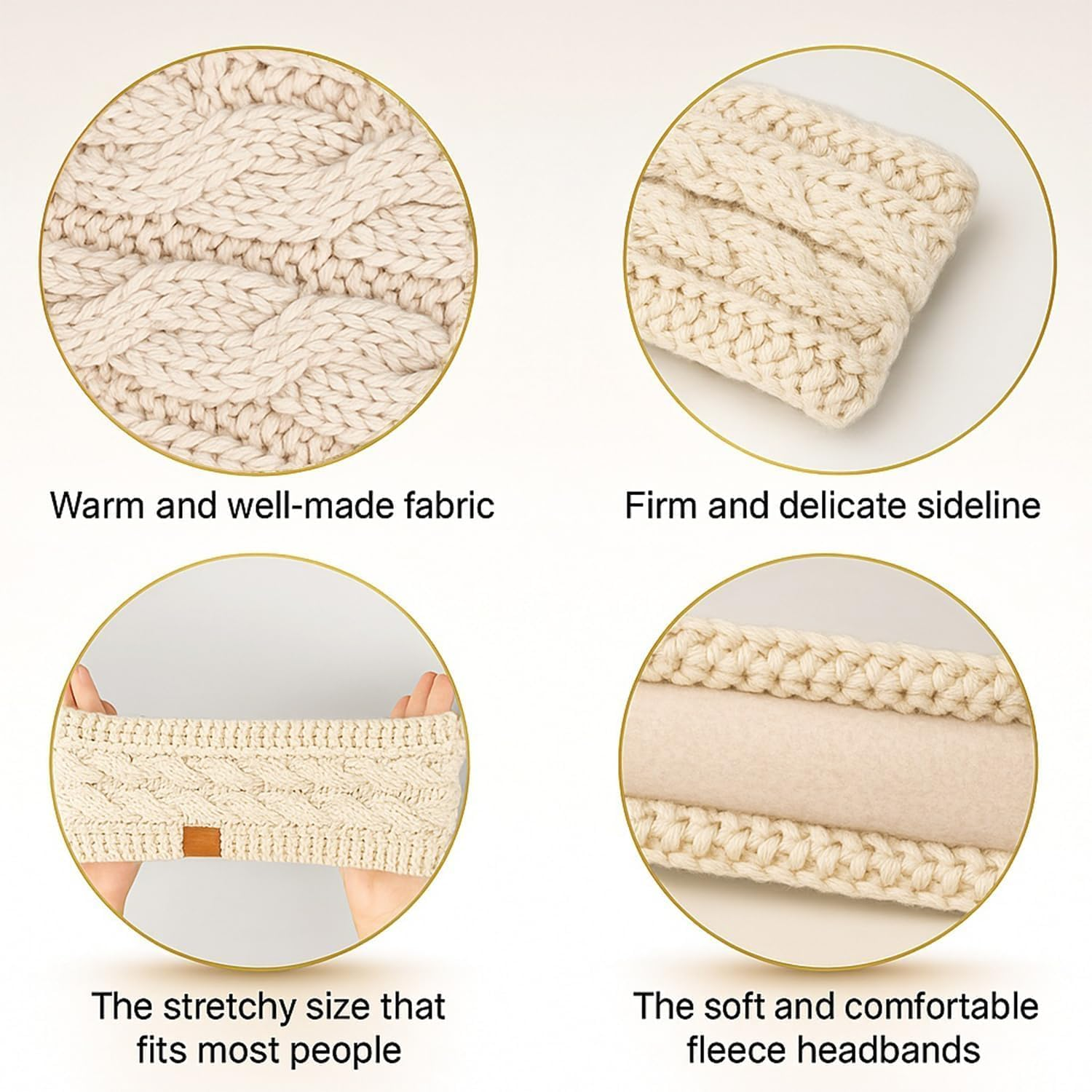 Fengea Winter Headbands for Women Wool 2 Pack, Ear Warmers for Women Headband Knit Thick Fleece Lined, Cold Weather Warm Ear Muffs, Black+Beige image number 4