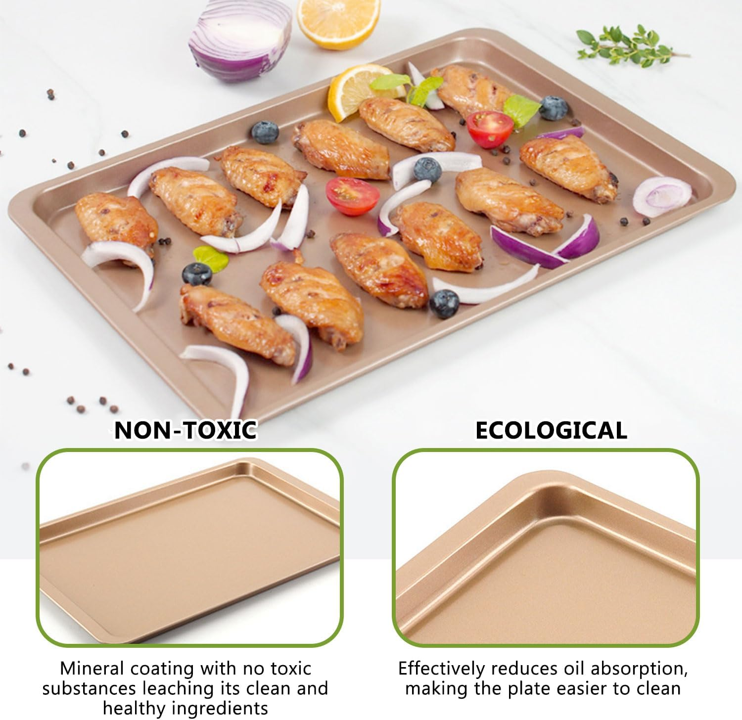 2-Piece Nonstick Bakeware Set, Premium Carbon Steel Oven Baking Sheets, Nonstick Cookie Trays 37X25.5Cm, Champagne Gold image number 5