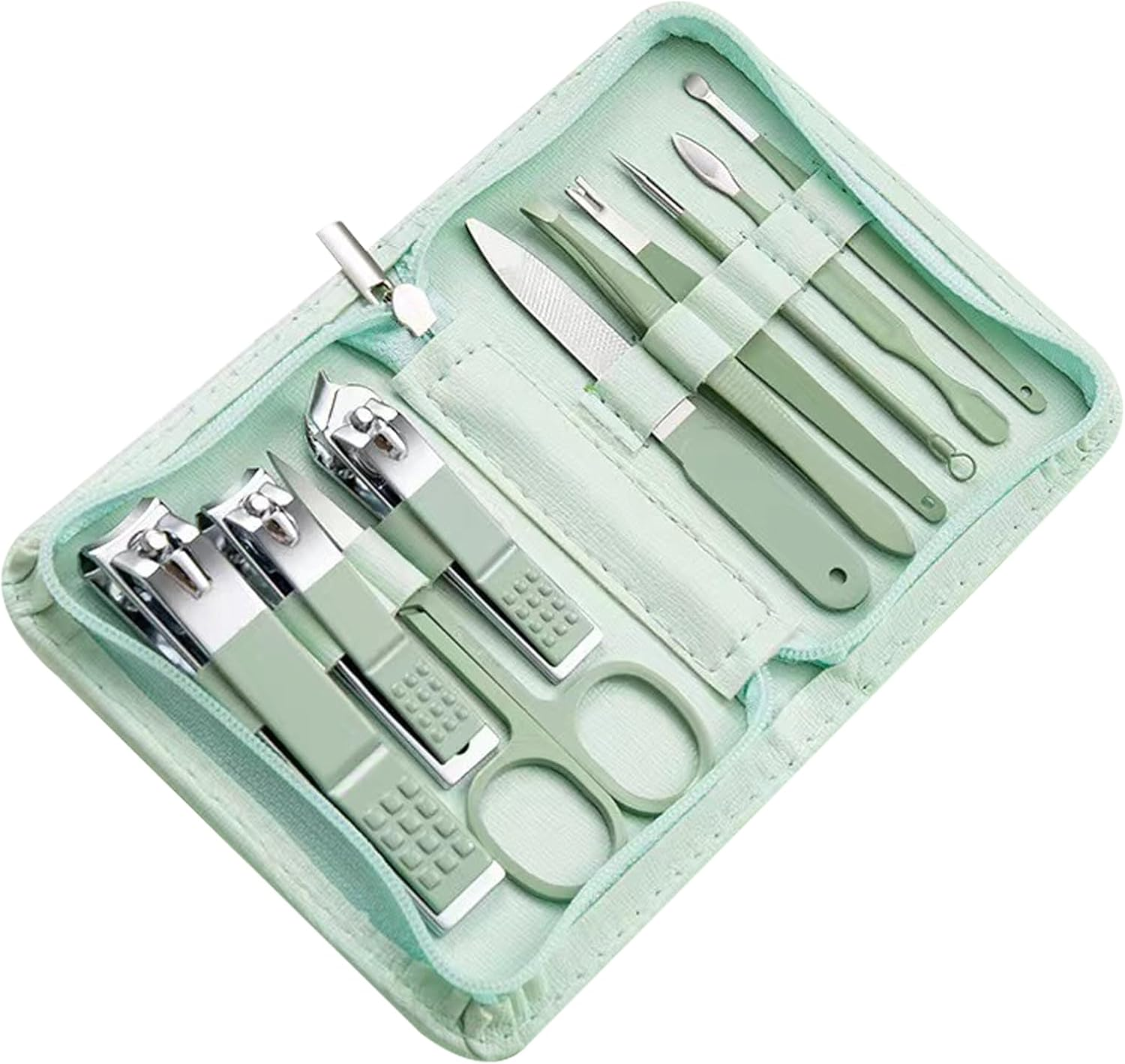 Manicure Pedicure Kit 10 in 1 Stainless Steel Nail Clippers Travel Essentials Portable Nail Care Set with Zippered Case（Green） image number 4