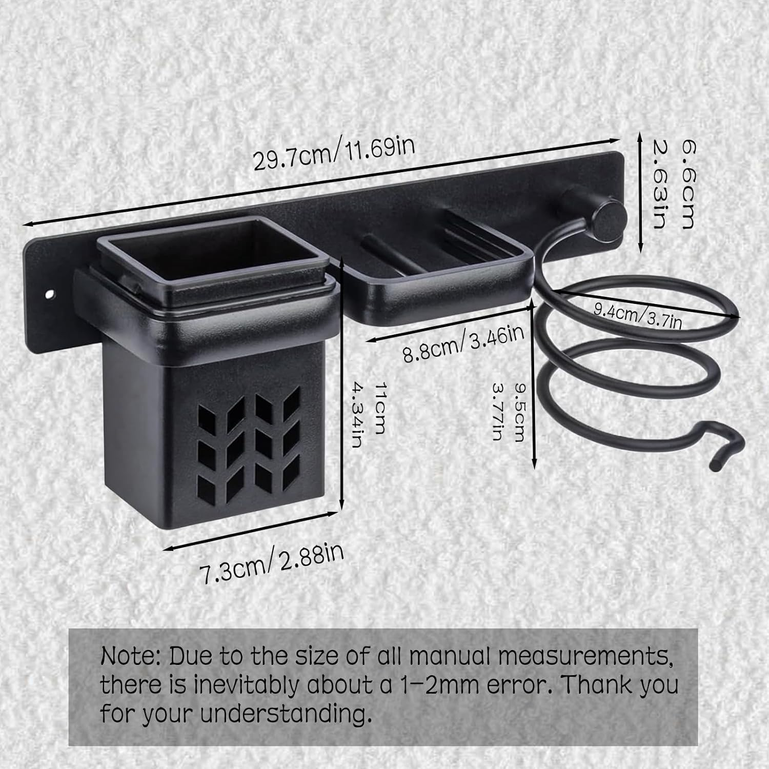 Teaque Hair Dryer Holder, Hair Dryer Holder, Wall No Drilling, Aluminium Hair Dryer Holder with Plug Holder & Storage, Bathroom Organiser for Hotel, Bathroom, Living Room, Barbershop (Black) image number 4