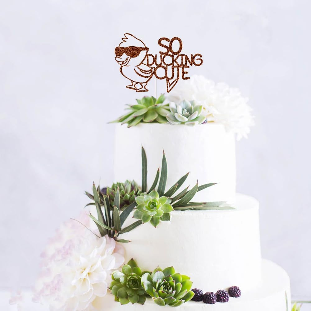 XIUHUBA so Ducking Cute Cake Topper Duck Birthday Party Decorations Ducks Themed Cake Decor for Boys Gilrs Kids Birthday Brown Glitter image number 2