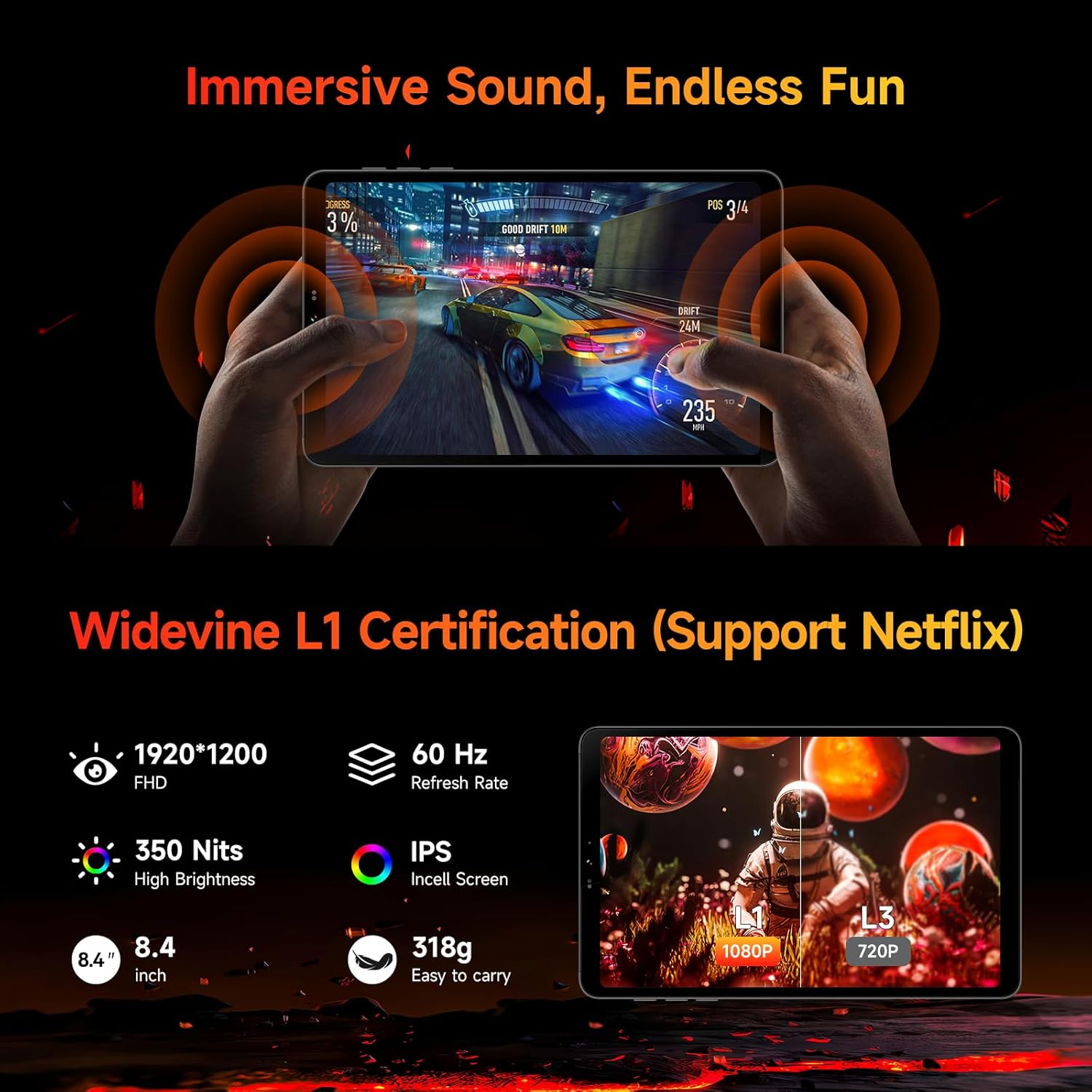 BNCF 8.4 Inch Snapdragon 685 Android 14 Tablet, FHD IPS 1920X1200 Resolution 60Hz Reflex Bpad Mini with Widevine L1, 16GB+128GB(1TB Expand), 5MP+32MP Camera, 4G LTE+2.4G/5G Wifi+Bt5.0+Gps, 6050Mah image number 5