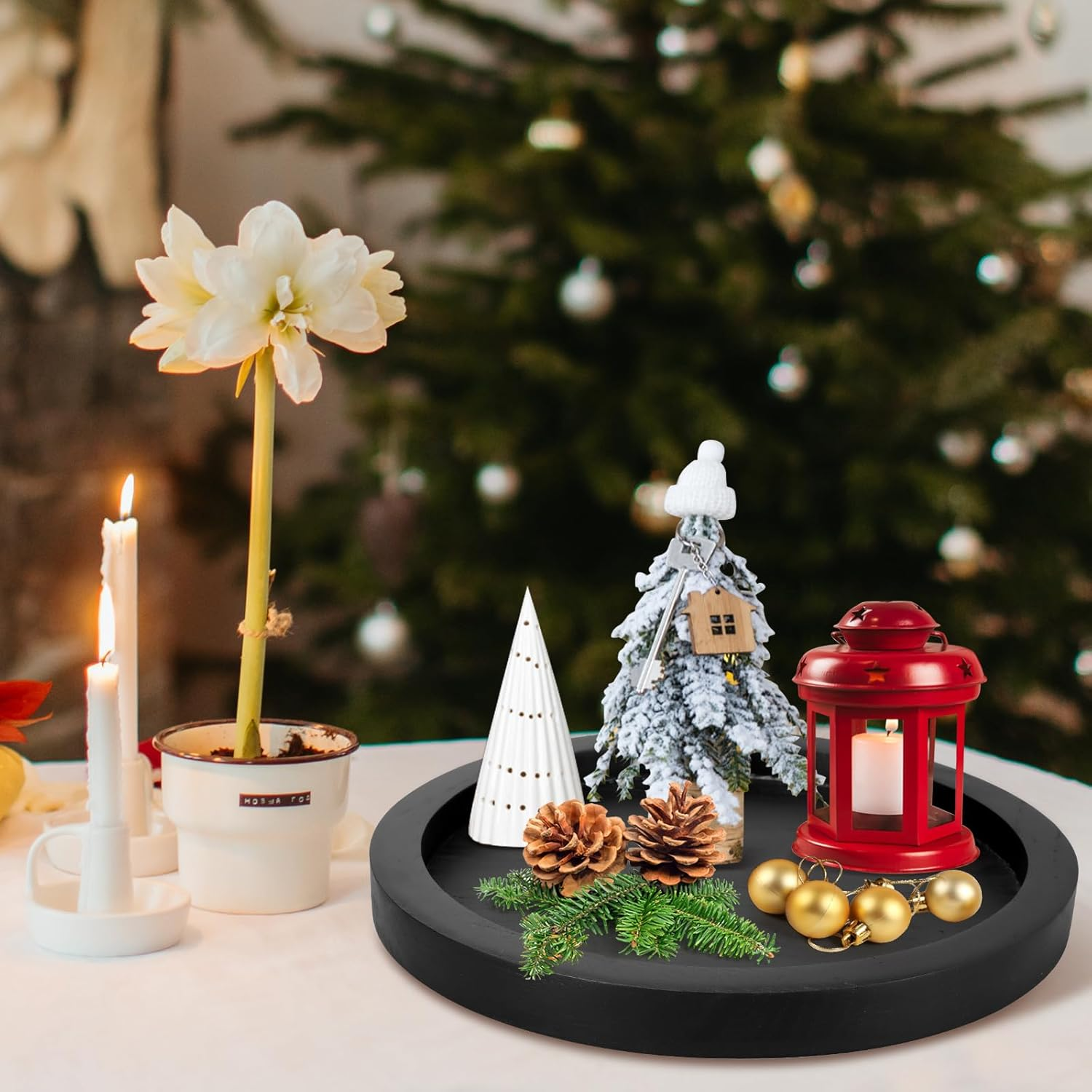 Rustic Decorative Wooden Serving Tray Home Decor round Ottoman Coffee Table Trays Farmhouse Living Room Dinner Table Centerpiece Accessories Wood Candle Holder Tray for Kitchen Counter Bathroom Vanity image number 3