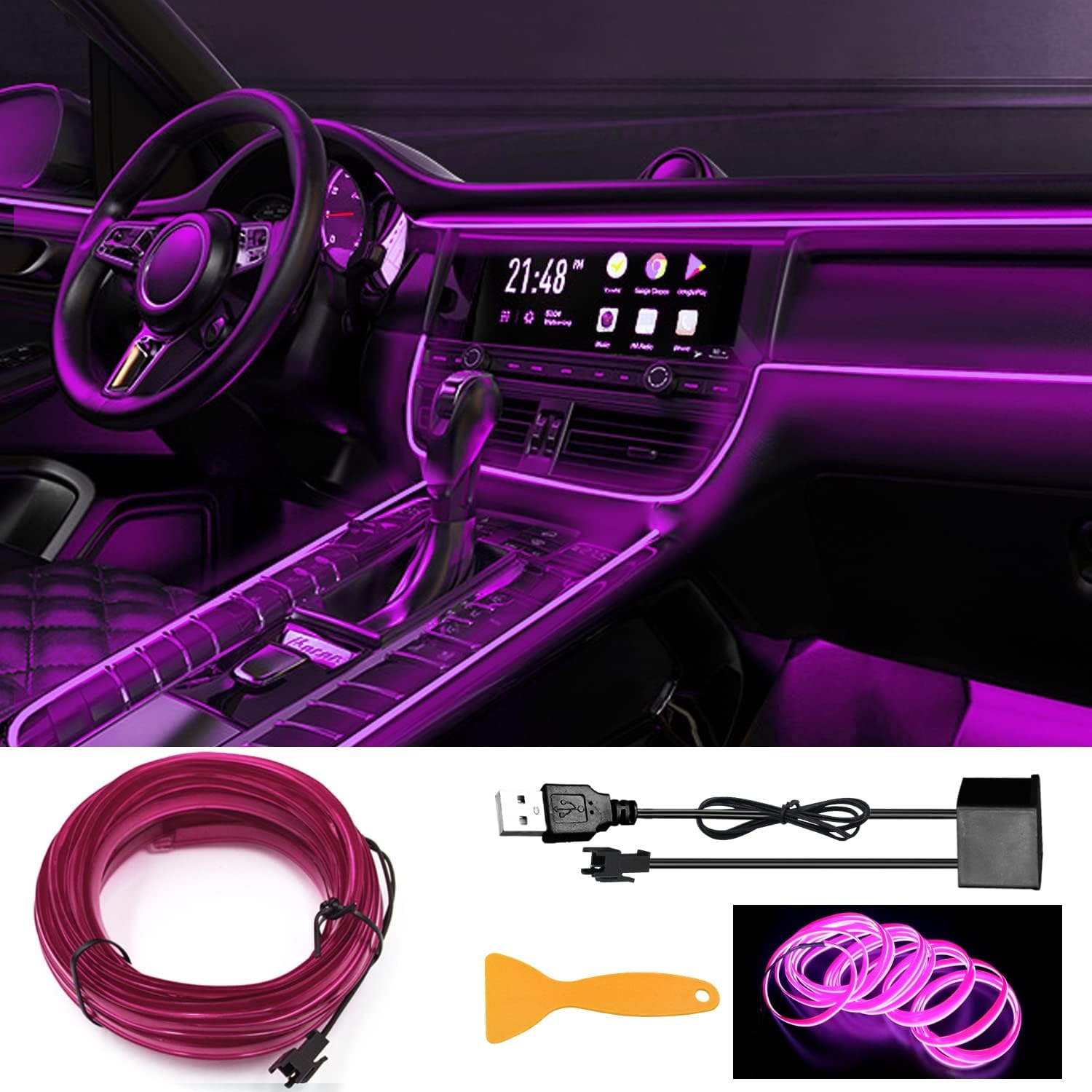 EL Wire Neon USB Lights - 197" Glowing Strip with Sewing Edge for Car Interior Decoration (Purple, 5M/16.5Ft)
