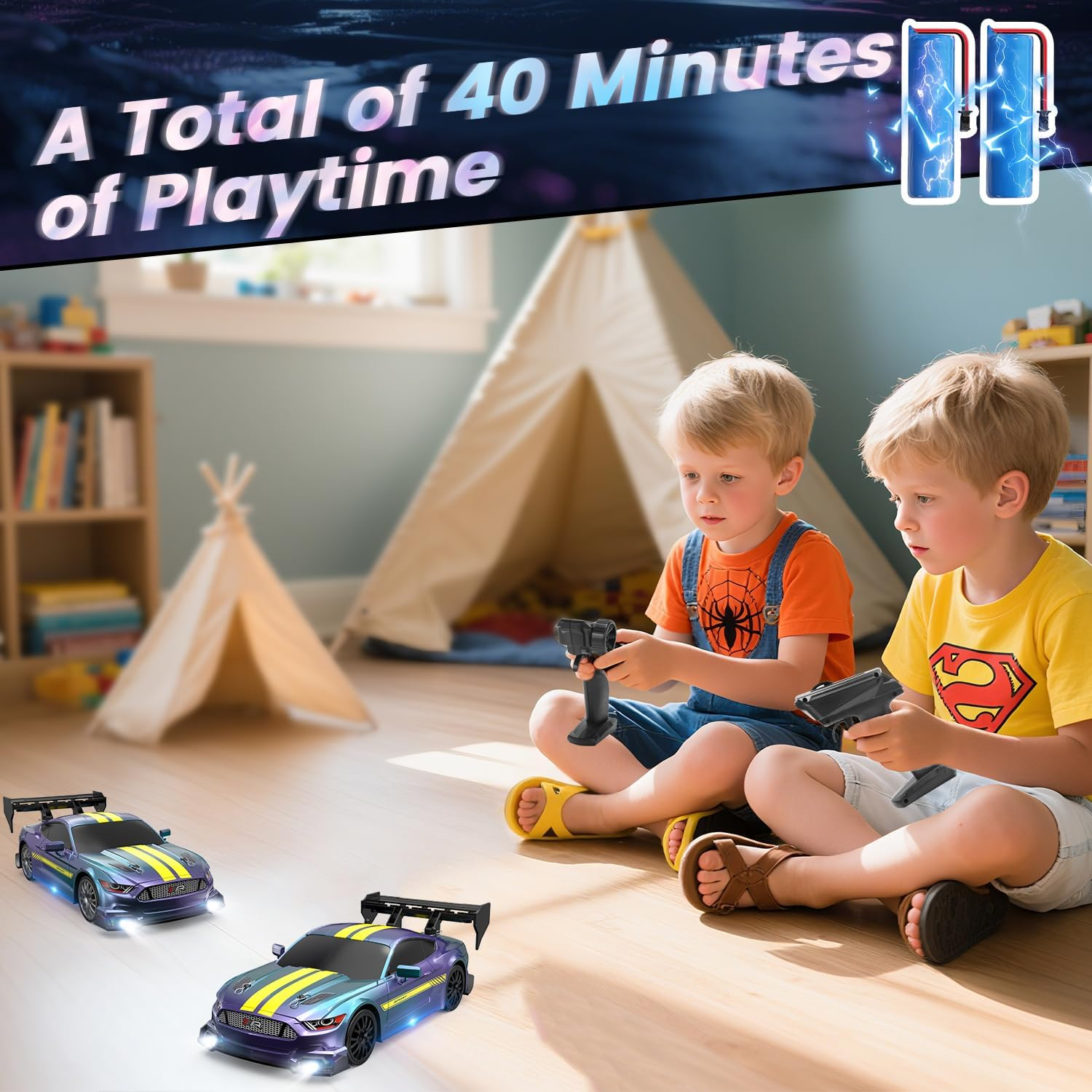 DEERC RC Drift Car, 4WD 2.4Ghz Remote Control Car for Kids W/LED Lights, Car Shell, 2 Rechargeable Batteries, 40Mins Playtime, Racing & Drift Wheels, 8 Traffic Cones, Toy Cars for Boys Girls image number 2