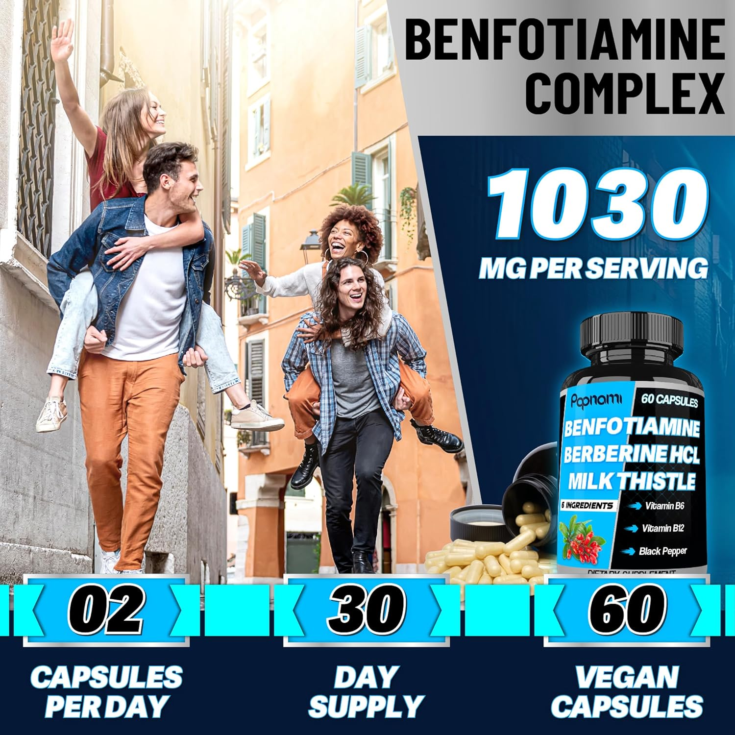 Papnami 6In1 Benfotiamine Supplement - Blended with Vitamin B12, Vitamin B6, Berberine Hcl, Milk Thistle & Black Pepper | 60 Count