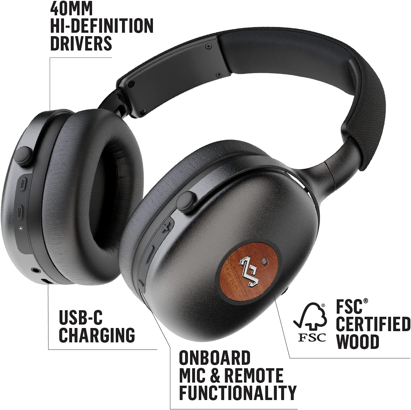 House of Marley Positive Vibration XL ANC: Noise Cancelling Over-Ear Headphones with Microphone, Wireless Bluetooth Connectivity, and 26 Hours of Playtime image number 1