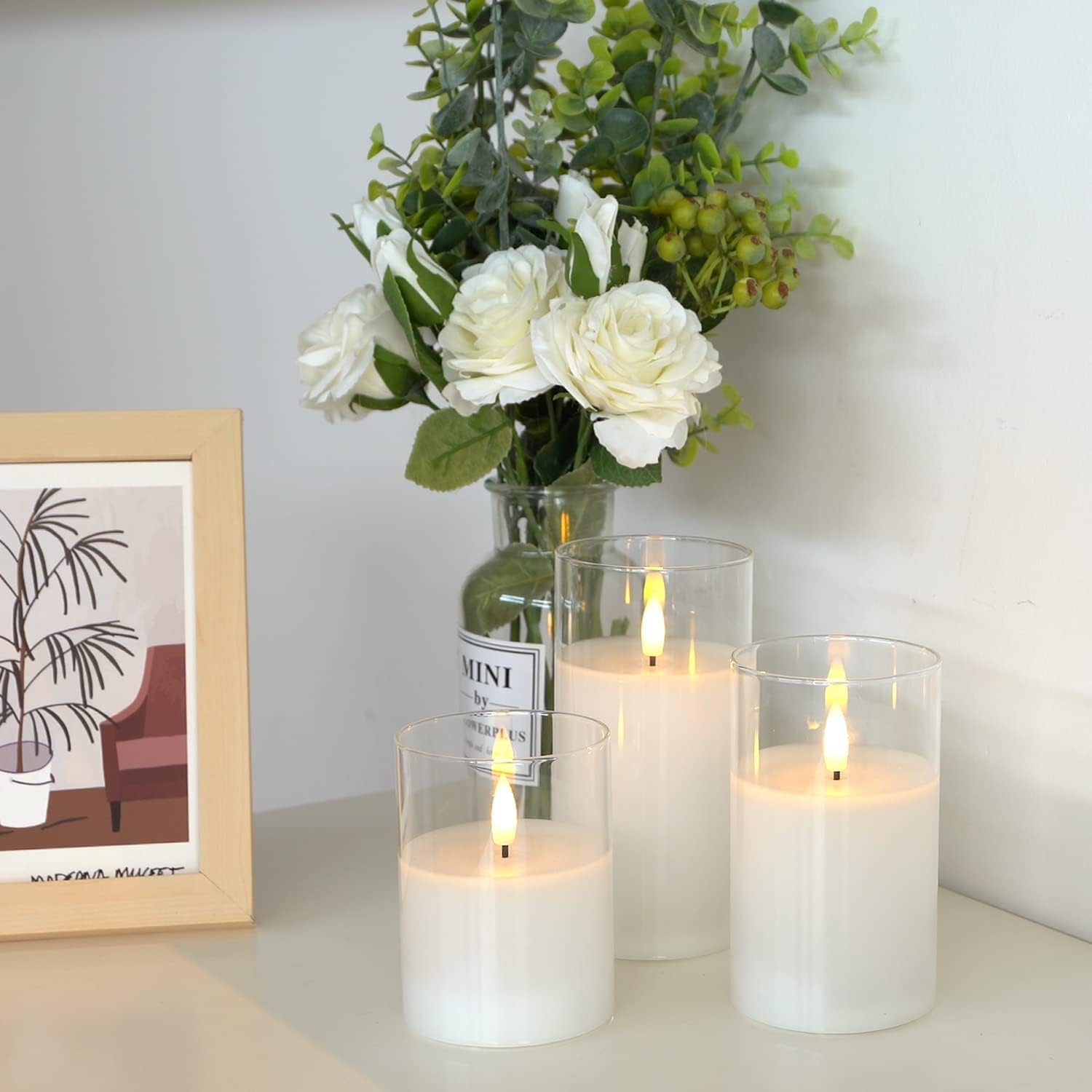 Clear Glass Flameless Candles Battery Operated with Timer, Remote Control, LED Pillar Candles Battery Powered, D3 H4 5" 6", Set of 3 (White) - Grey image number 6