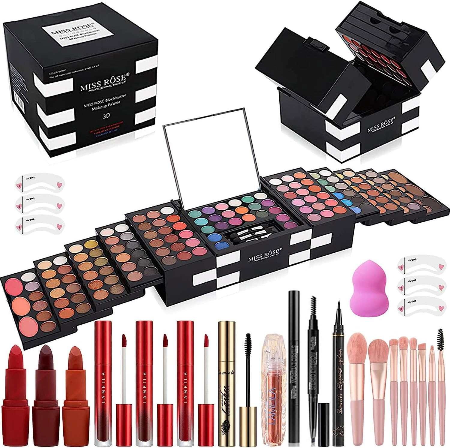 MISS ROSE M 187 Colors Professional Makeup Palette - All-In-One Kit with Eye Shadows, Lipsticks, Mascara, Foundations, Blushes, Brow Pencils, Nail File - Makeup Gift Set for Women and Girls