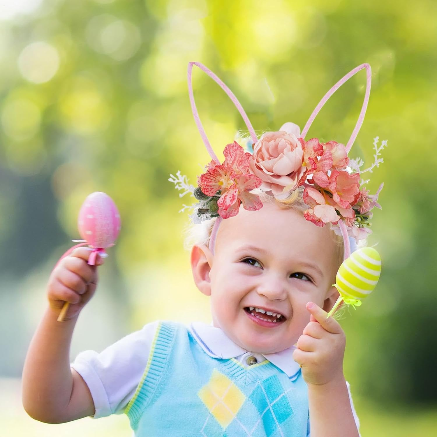 Bunny Ears Headbands - Costumes Hairband with Flowers,Easter Headbands for Girls - for Costume Kids Christmas Halloween Party Valentine'S Day Women image number 4