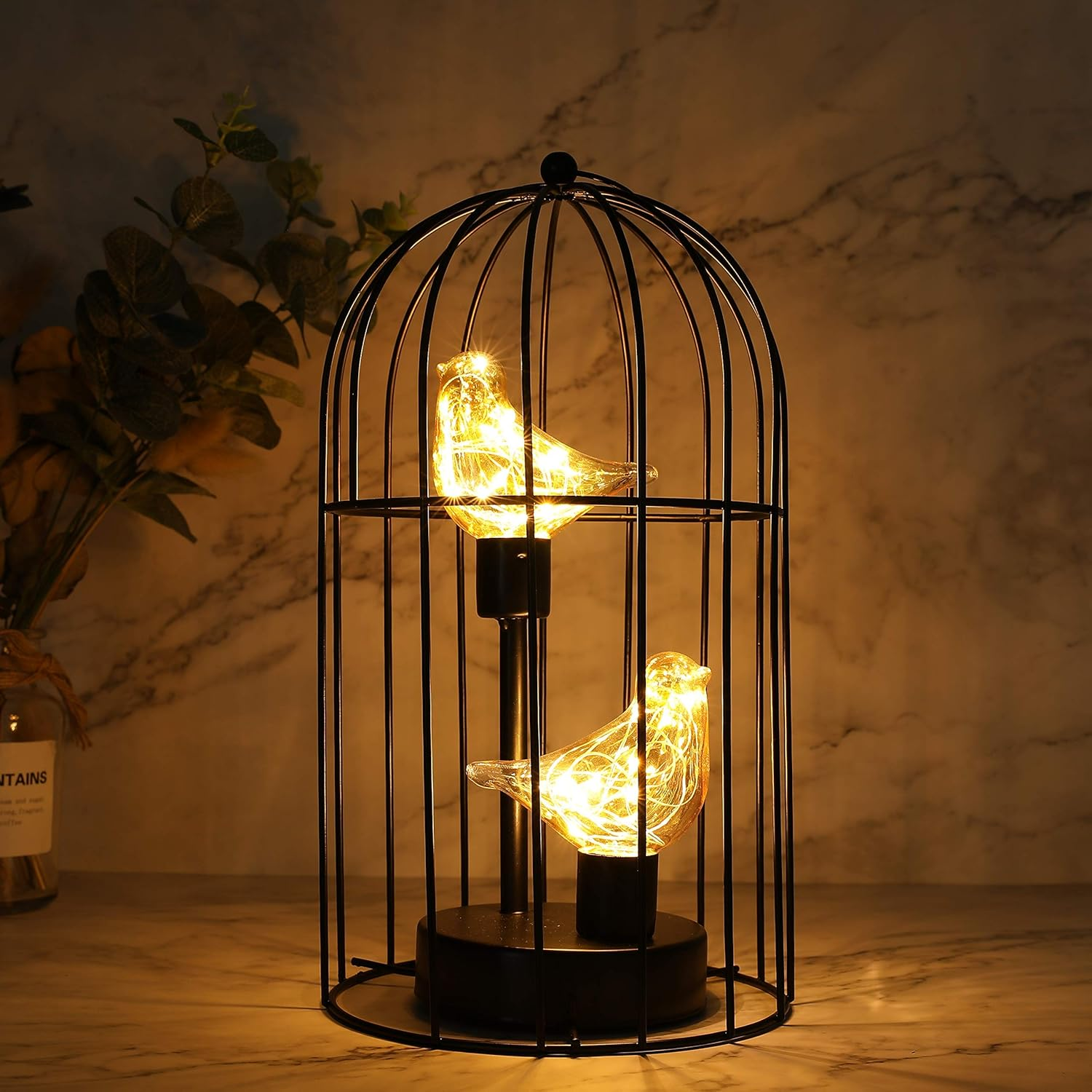 JHY DESIGN Birdcage Decorative Lamp Battery Operated 30CM Tall Cordless Accent Light with Warm White Fairy Lights Bird Bulb for Living Room Bedroom Kitchen Wedding Xmas(Black)