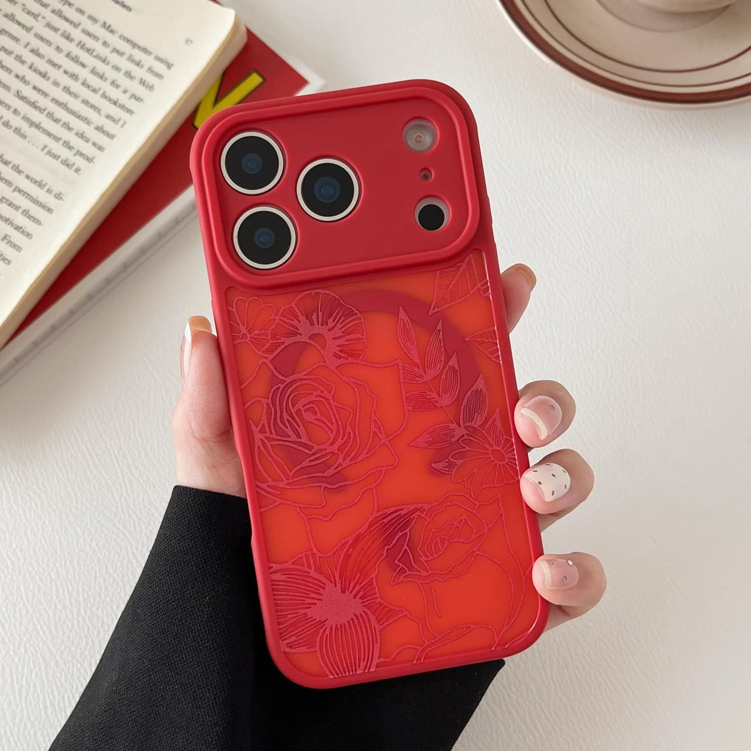 XIZYO Magnetic Case for Iphone 17 Pro Max, Compatible with Magsafe, Transparent Matt, Rose Floral Pattern, Shockproof Mobile Phone Case, Soft TPU Bumper Protective Case, Red image number 3
