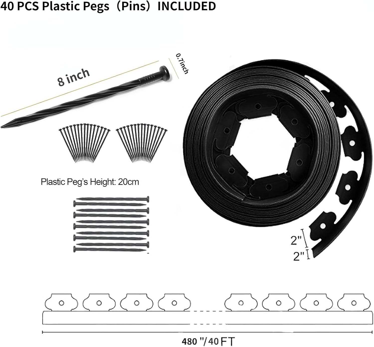 Garden Edging Border, 40Ft Landscape Edging with 40 Spikes for Lawn 2 Inch Tall(Black, 40FT) image number 1