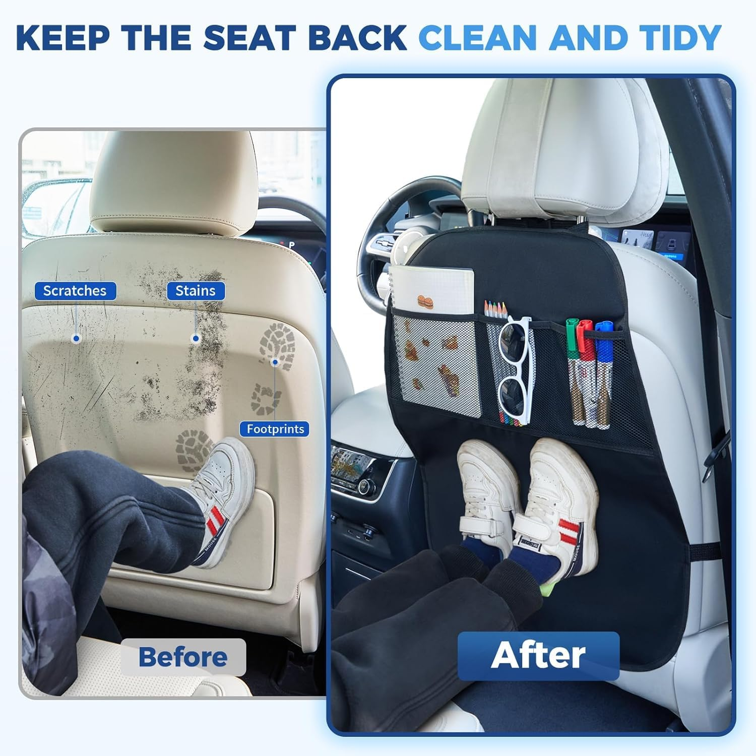 Kick Mats Back Seat Protector Cover for Kids-3 Pocket Storage Car Organiser, 2 Pack Car Seat Protector Backseat Cover Waterproof Sag Proof with 3 Storage Pockets, Keep Seat Back Clean and Neat