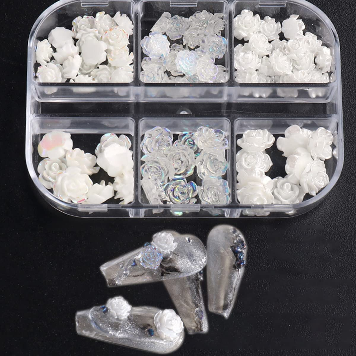 Woration Resin Nail Art Charms Decorations Decals 5D Nail Accessories Craft Ornaments Supplies White & Transparent Three-Dimensional Camellia Rose Flower 6 Grids image number 1