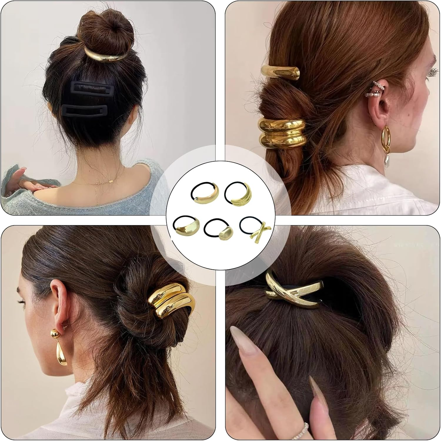 AABDTYYD 5 Pieces Metal Hair Tie, Gold Metal Elastic Hair Bands, Hair Ties for Thick Hair, Hair Elastics No Damage, Ponytails Hair Accessories for Women image number 4