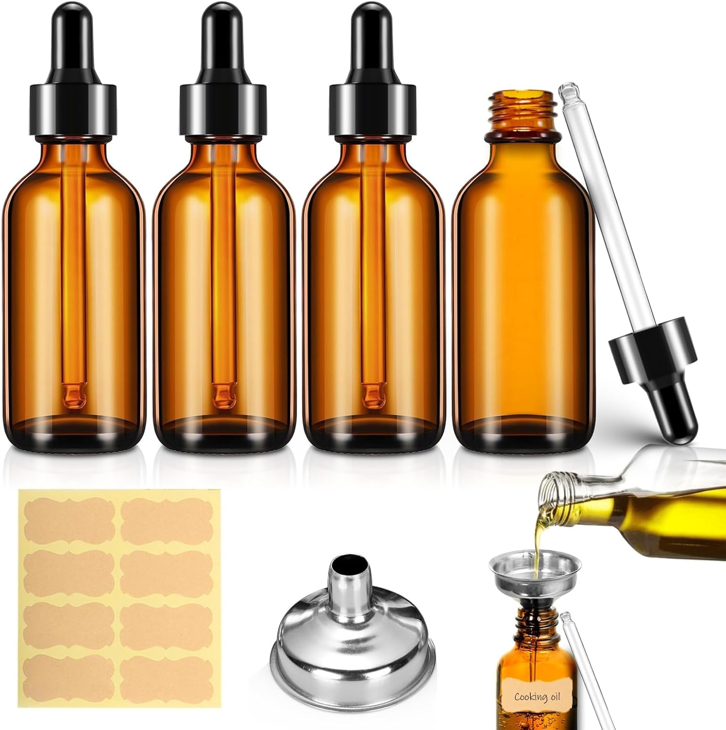 Dropper Bottle, 4 Pcs Amber Glass Dropper Bottle, 100Ml Tincture Bottle with Labels and Funnel for Essential Oils, Cosmetic, Laboratory image number 1