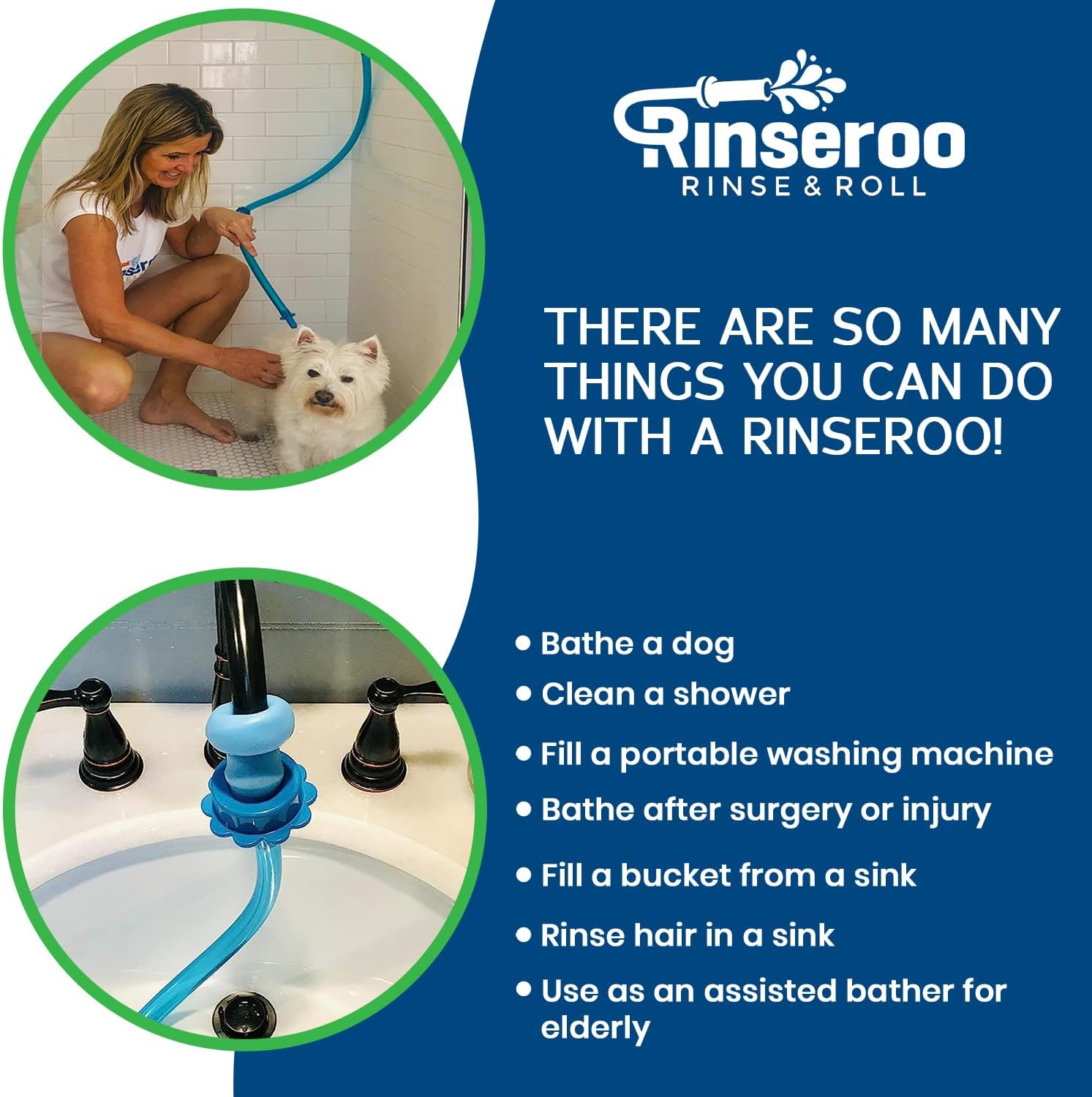 Rinseroo XL: Slip-On Dog Wash Hose Attachment. Pet Bather for Showerhead and Sink. (Not for Use on Tub Faucet) Handheld Shower Sprayer/Washer. 6 Foot Hose. Fits Heads up to 6" Wide. No Installation&hellip; image number 2
