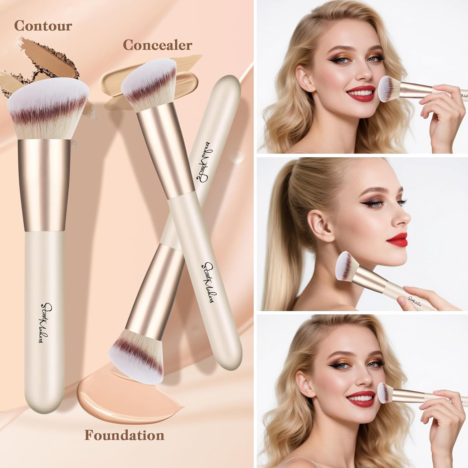 START MAKERS 3PCS Makeup Brushes Foundation Contour Conceal Makeup Brush Set, Slanted Foundation Brush, Angled Kabuki Brushes for Blending with Liquid, Cream and Powder Makeup