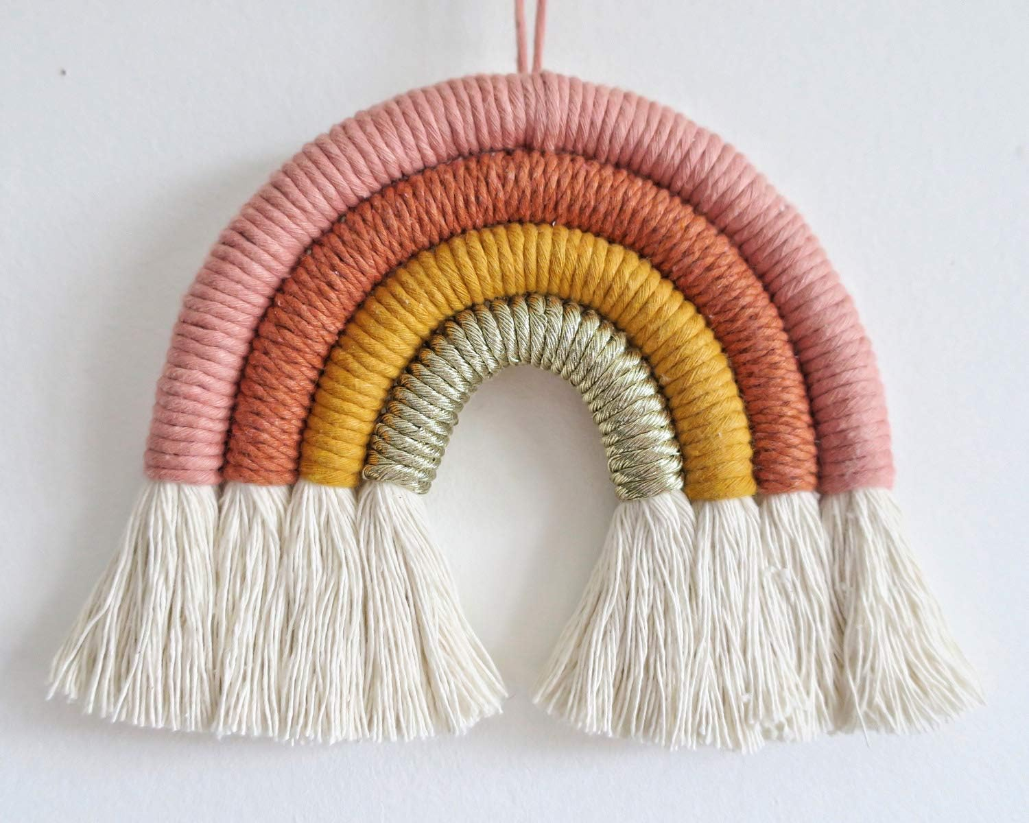 Rainbow Macrame Wall Hanging, Nursery & Home Wall Decor, Bohemian (Pom Pom Trim, 5X5.5X0.39In)