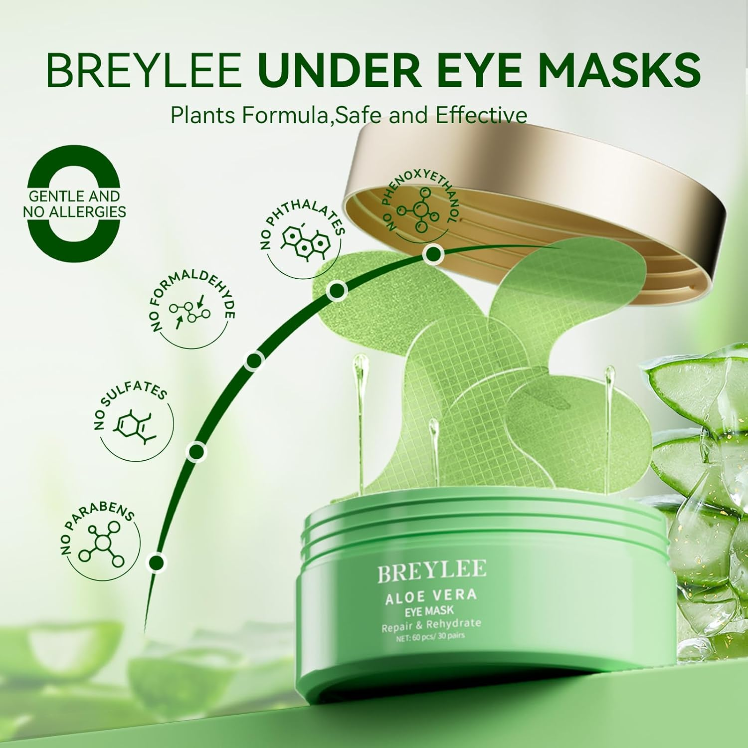 BREYLEE Aloe Vera Eye Mask&ndash;60 Pcs-Puffy Eyes and Dark Circles Treatments &ndash; Look Younger and Reduce Wrinkles and Fine Lines Undereye, Improve and Firm Eye Skin - Pure Natural Material Extraction Green image number 5