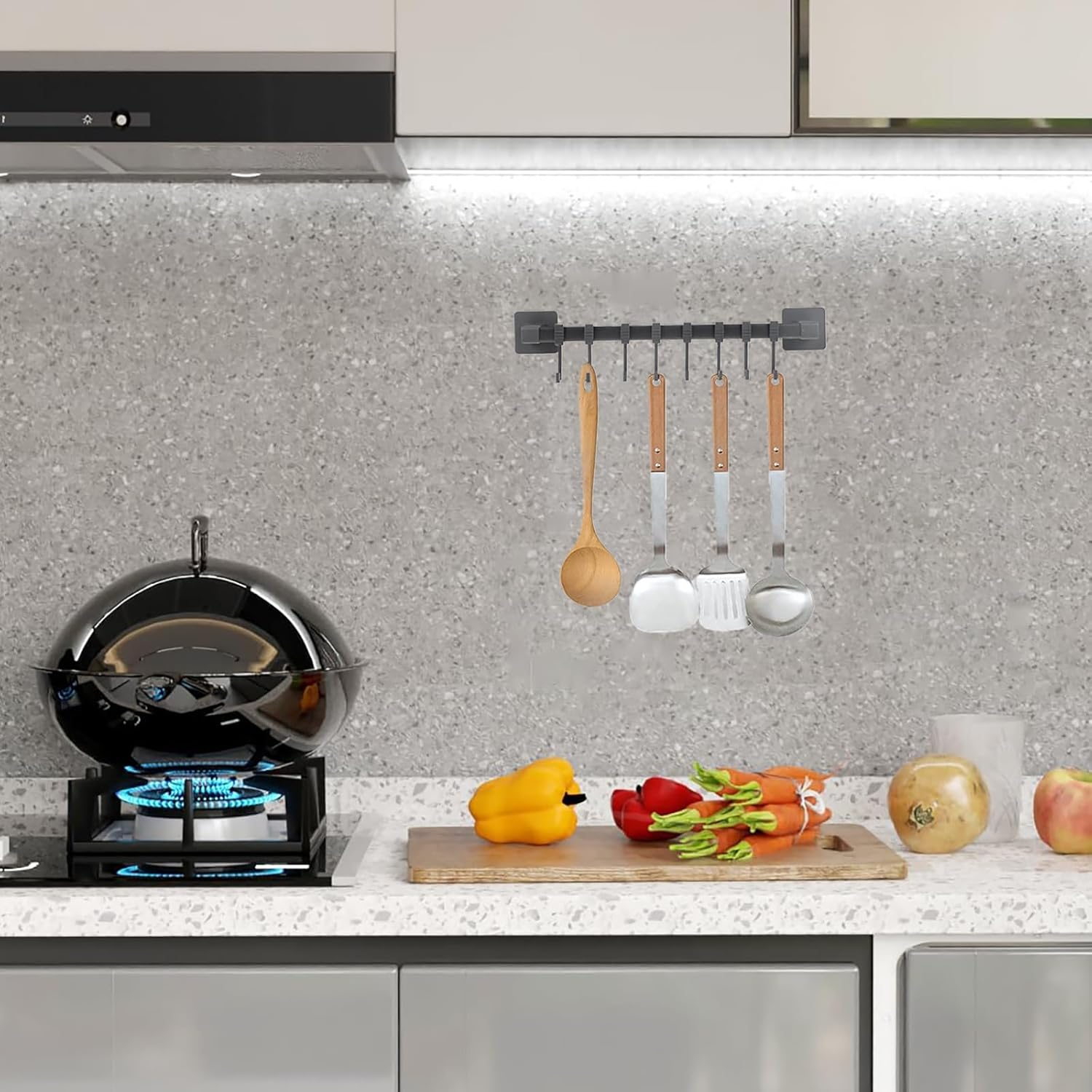 Chmiss Kitchen Hook Rack without Drilling, Hook Rack Kitchen with 8 Movable Hooks, Wall Hooks for Kitchen Utensils for Kitchen, Bathroom, Bedroom image number 2